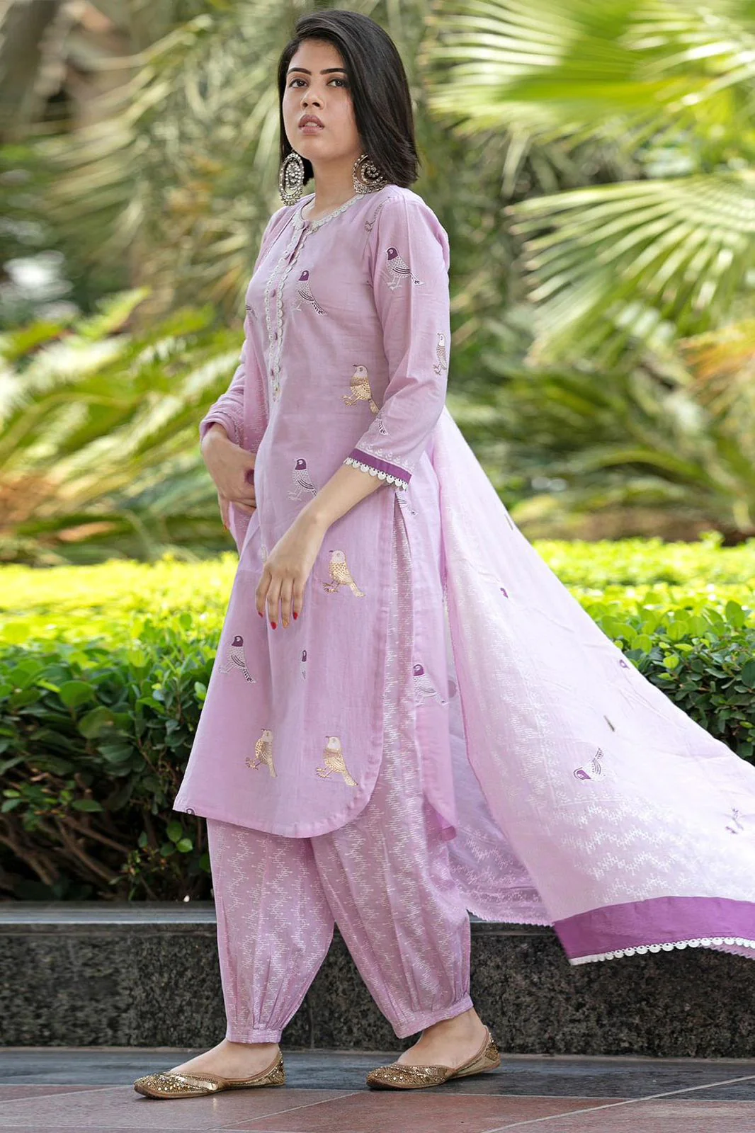 Bird Printed Cotton Kurta and Pant Set with Dupatta - Image 3