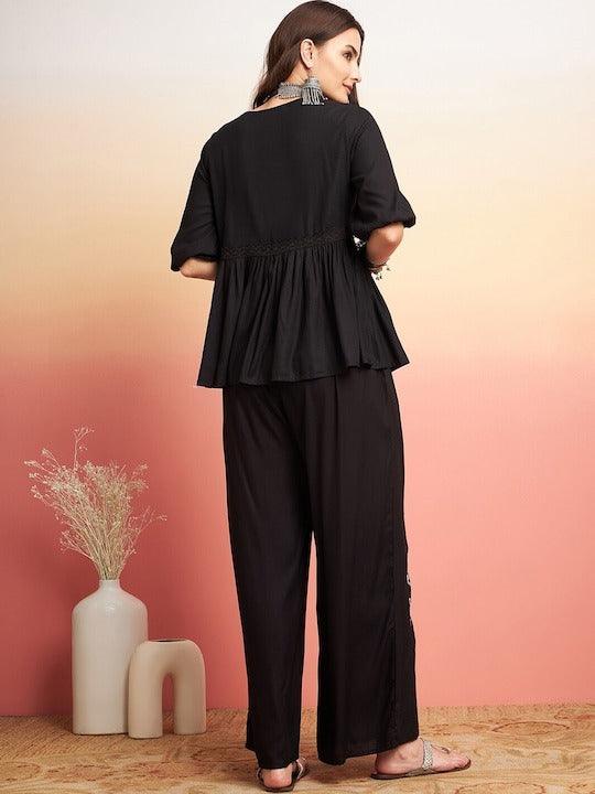 Black Embellished Lace Up Detail Top and Palazzo Co-Ord Set - Image 3