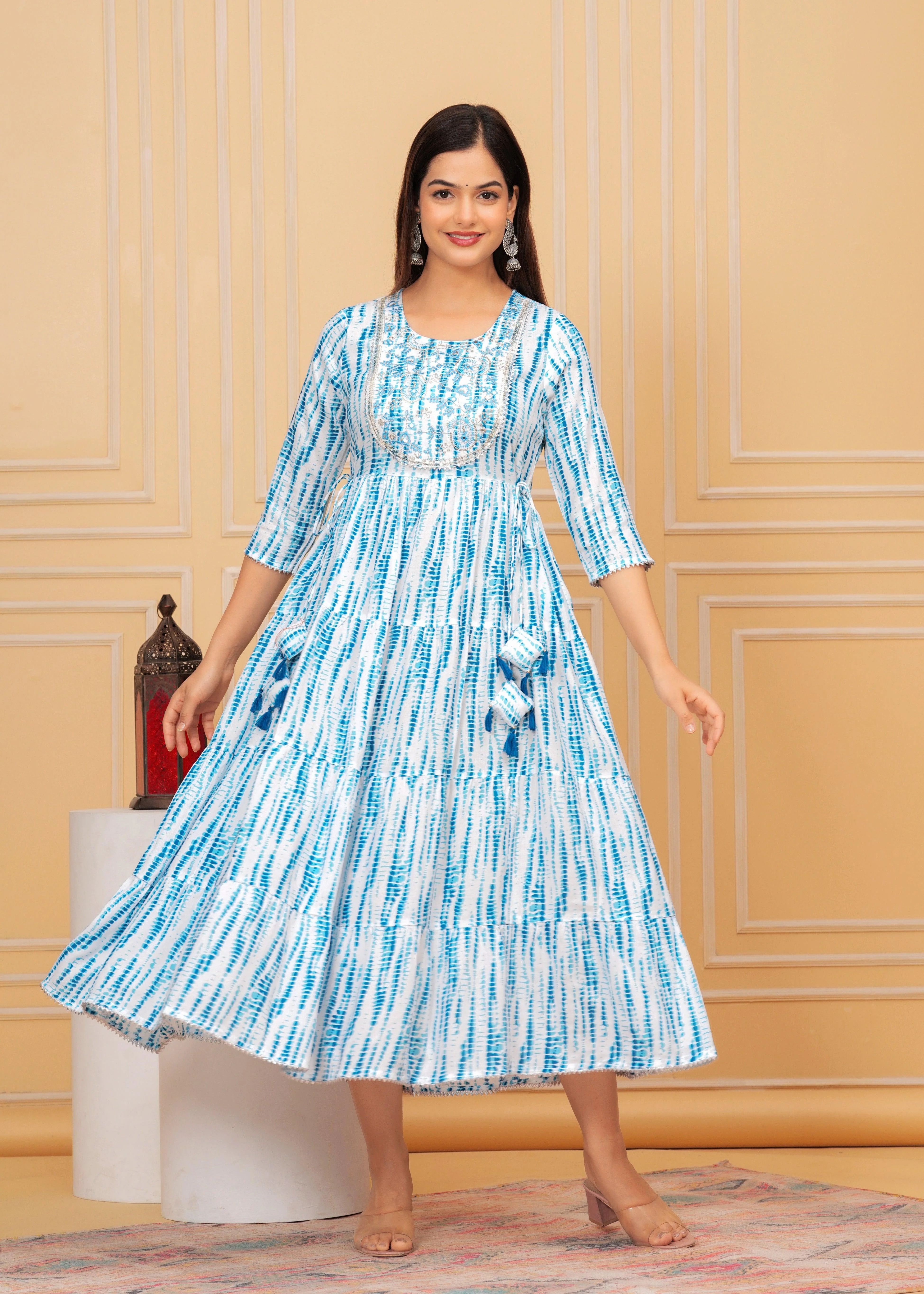 Blue White Tie-Dye Rayon Anarkali Gown - Image 4