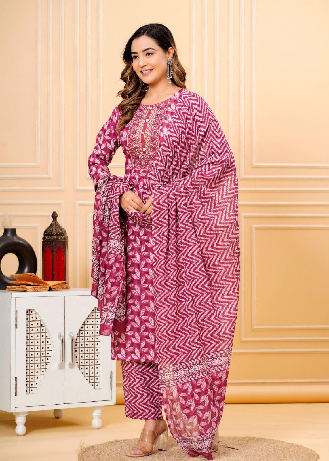 Blush Red Printed Cotton Suit Set with Mulmul Dupatta - Image 3