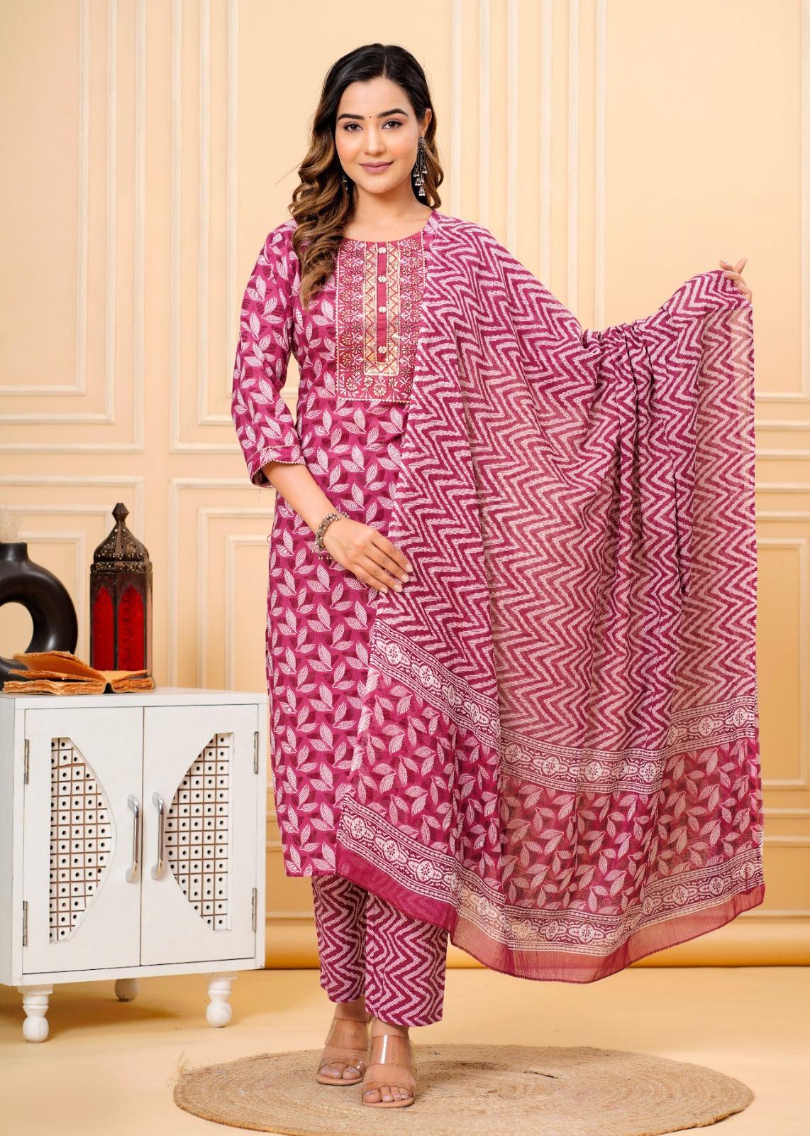 Blush Red Printed Cotton Suit Set with Mulmul Dupatta - Image 4
