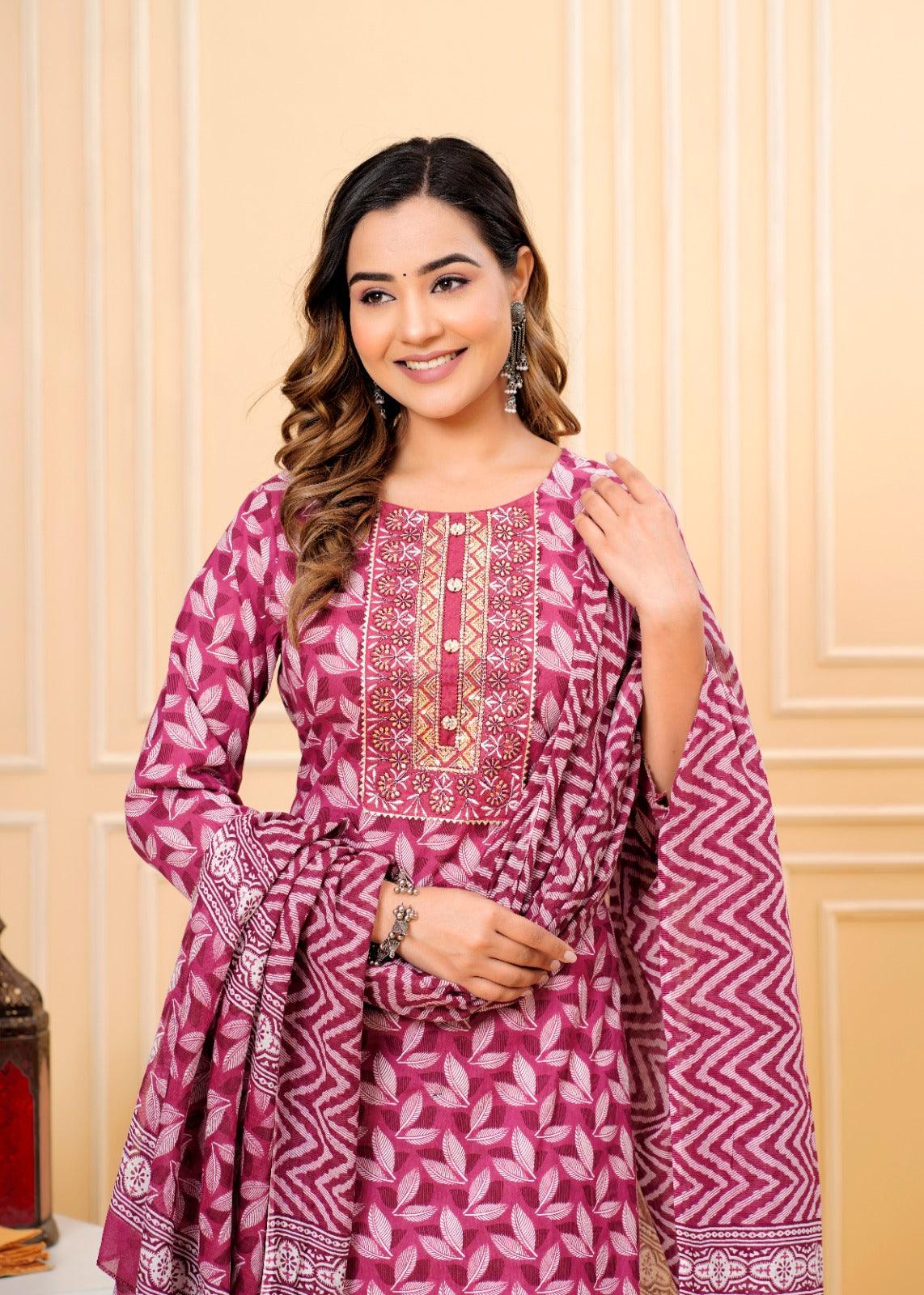 Blush Red Printed Cotton Suit Set with Mulmul Dupatta - Image 5