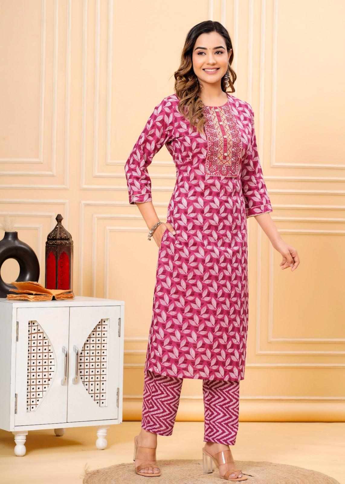 Blush Red Printed Cotton Suit Set with Mulmul Dupatta - Image 6