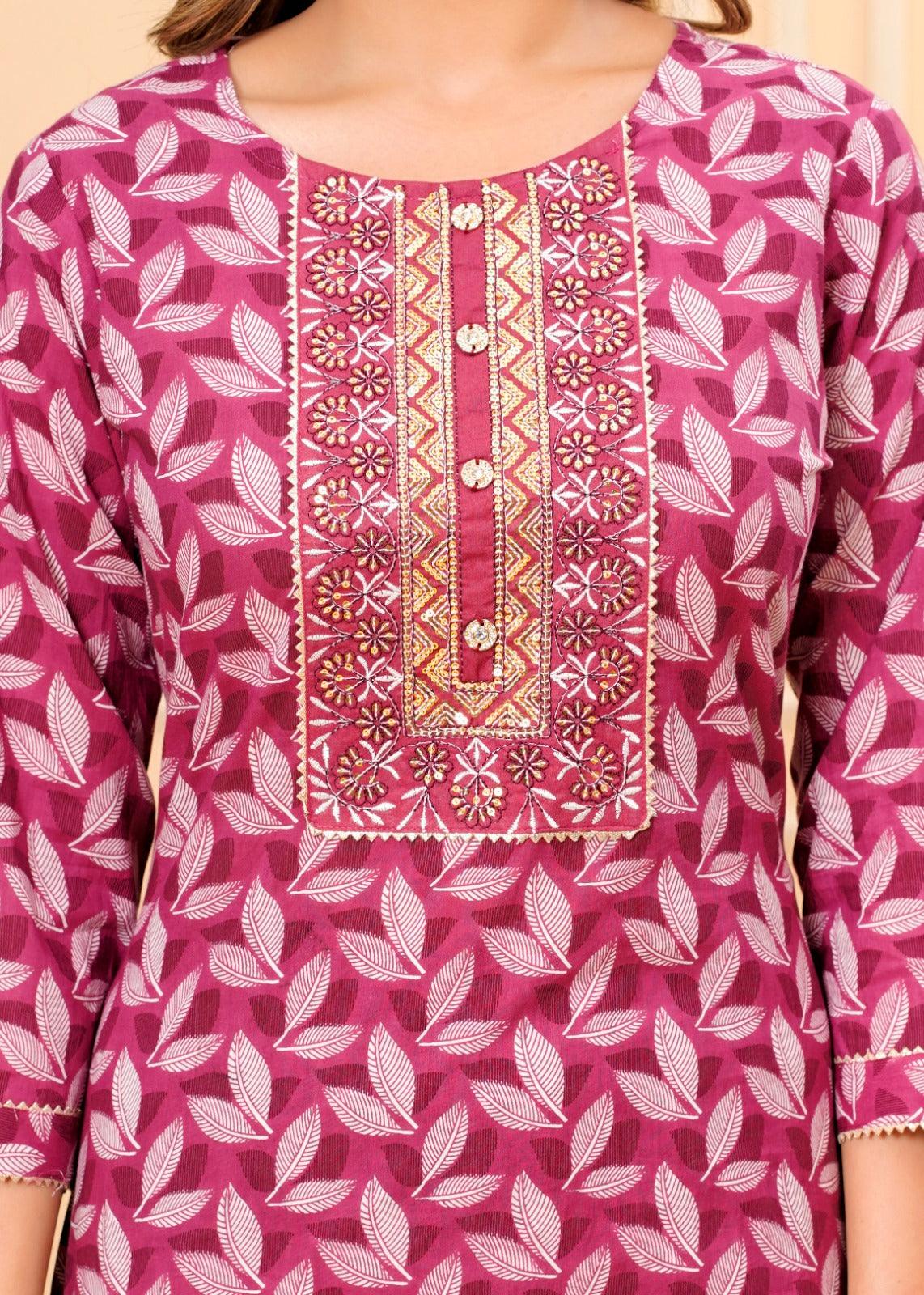 Blush Red Printed Cotton Suit Set with Mulmul Dupatta - Image 7
