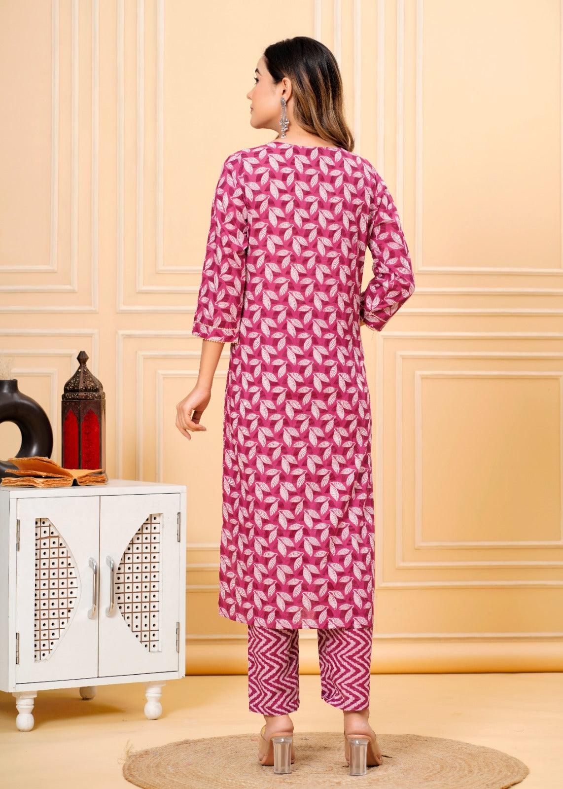 Blush Red Printed Cotton Suit Set with Mulmul Dupatta - Image 8