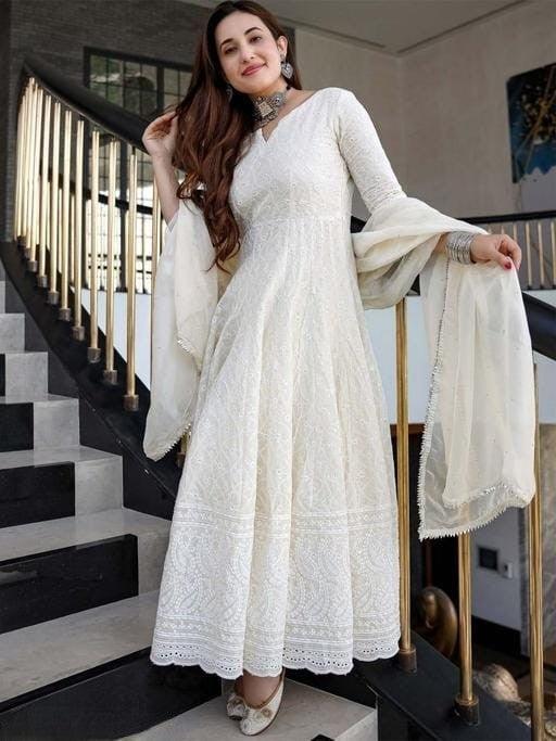 Chikankari Cotton Off White Anarkali Kurta with Dupatta - Image 3