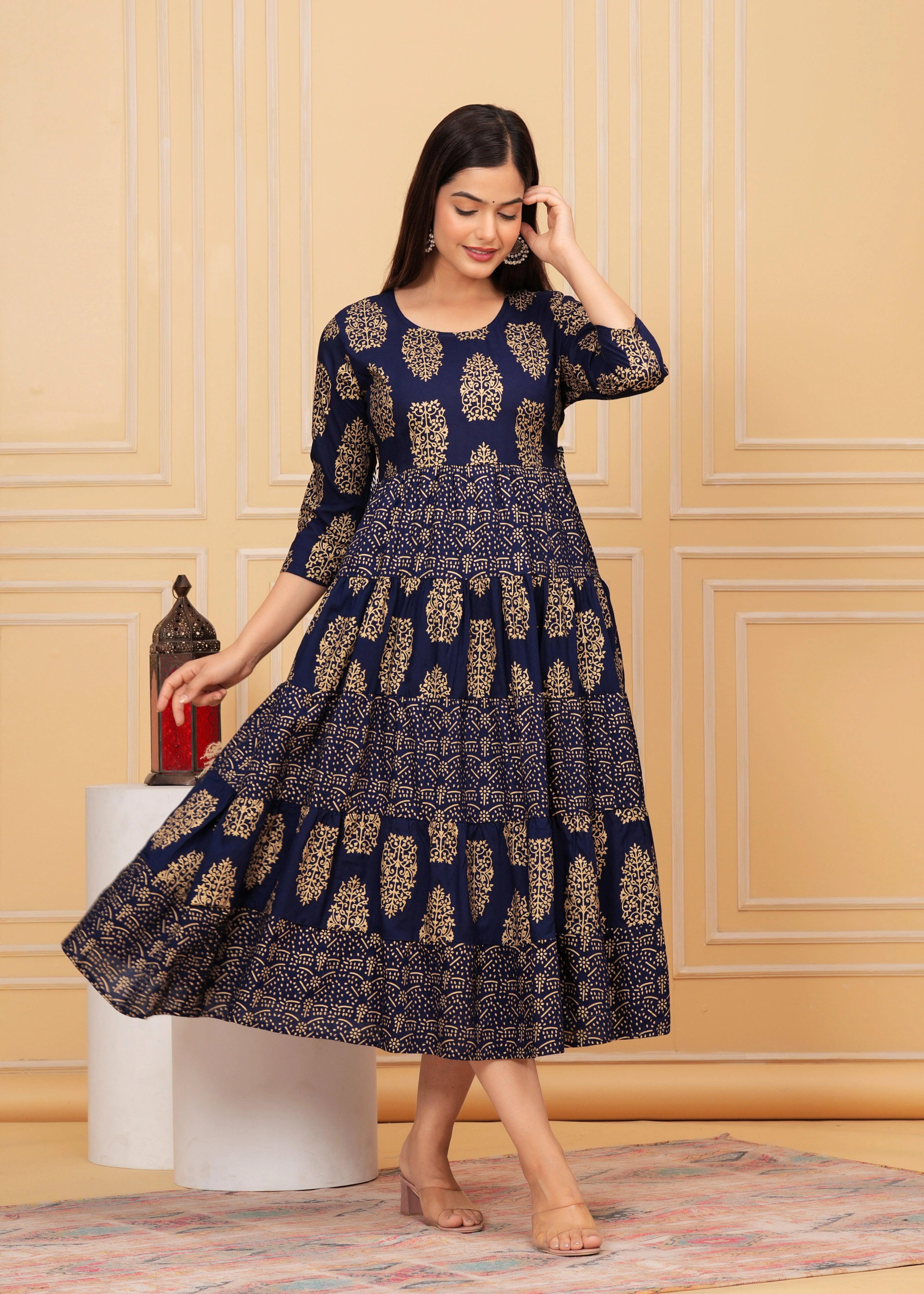 Dark Blue Gold Printed Rayon Anarkali Gown - Image 3