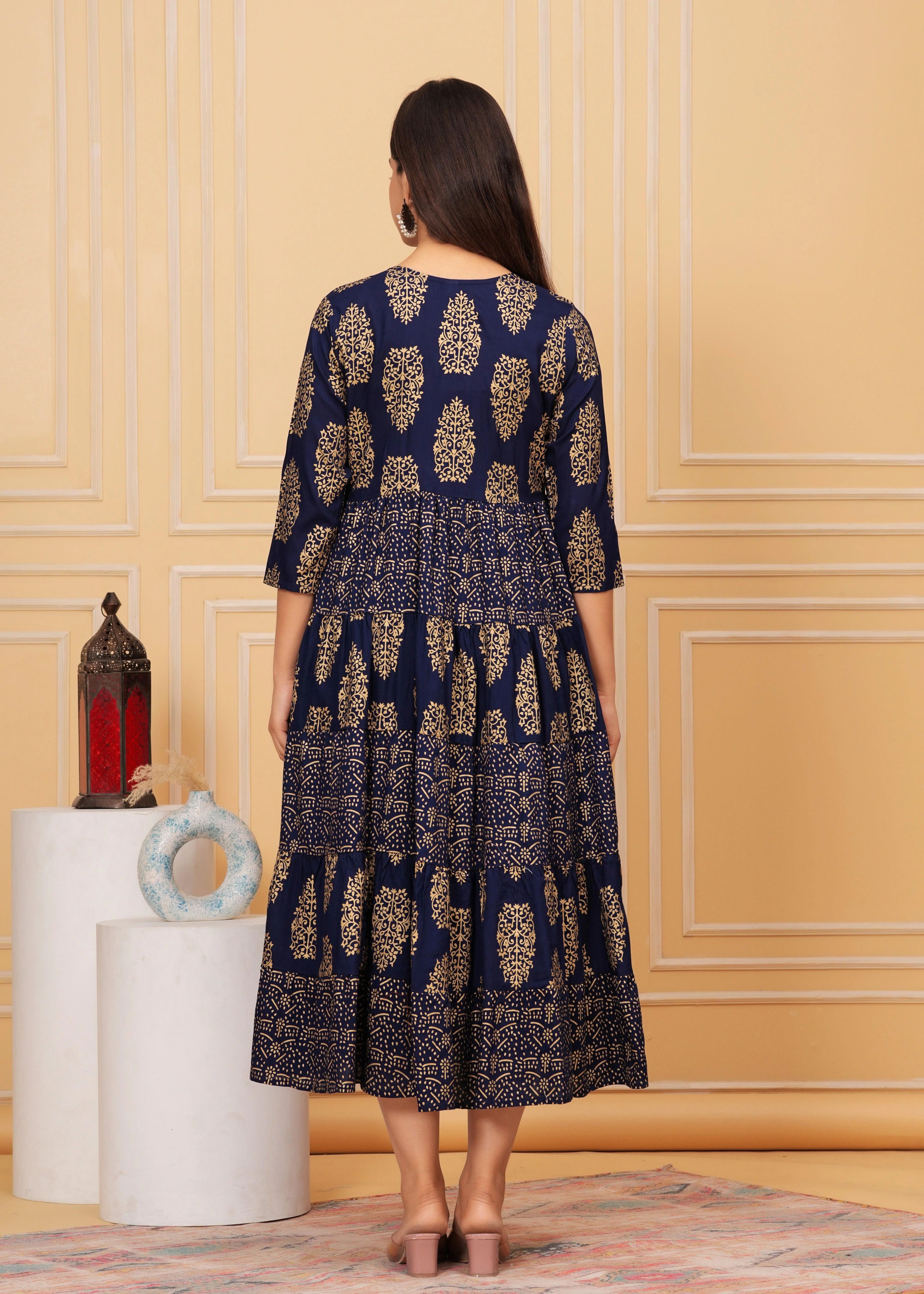 Dark Blue Gold Printed Rayon Anarkali Gown - Image 4