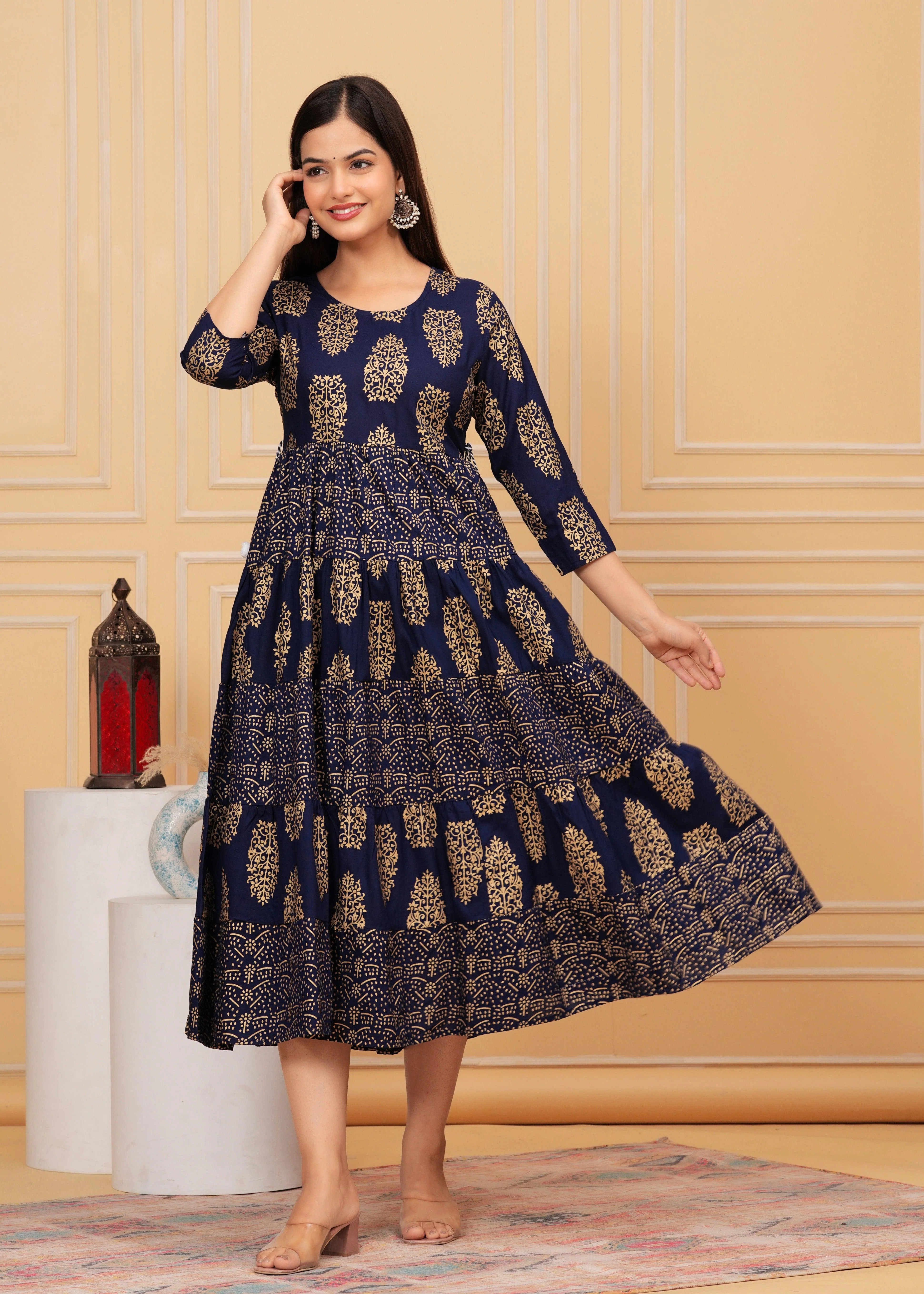 Dark Blue Gold Printed Rayon Anarkali Gown - Image 5