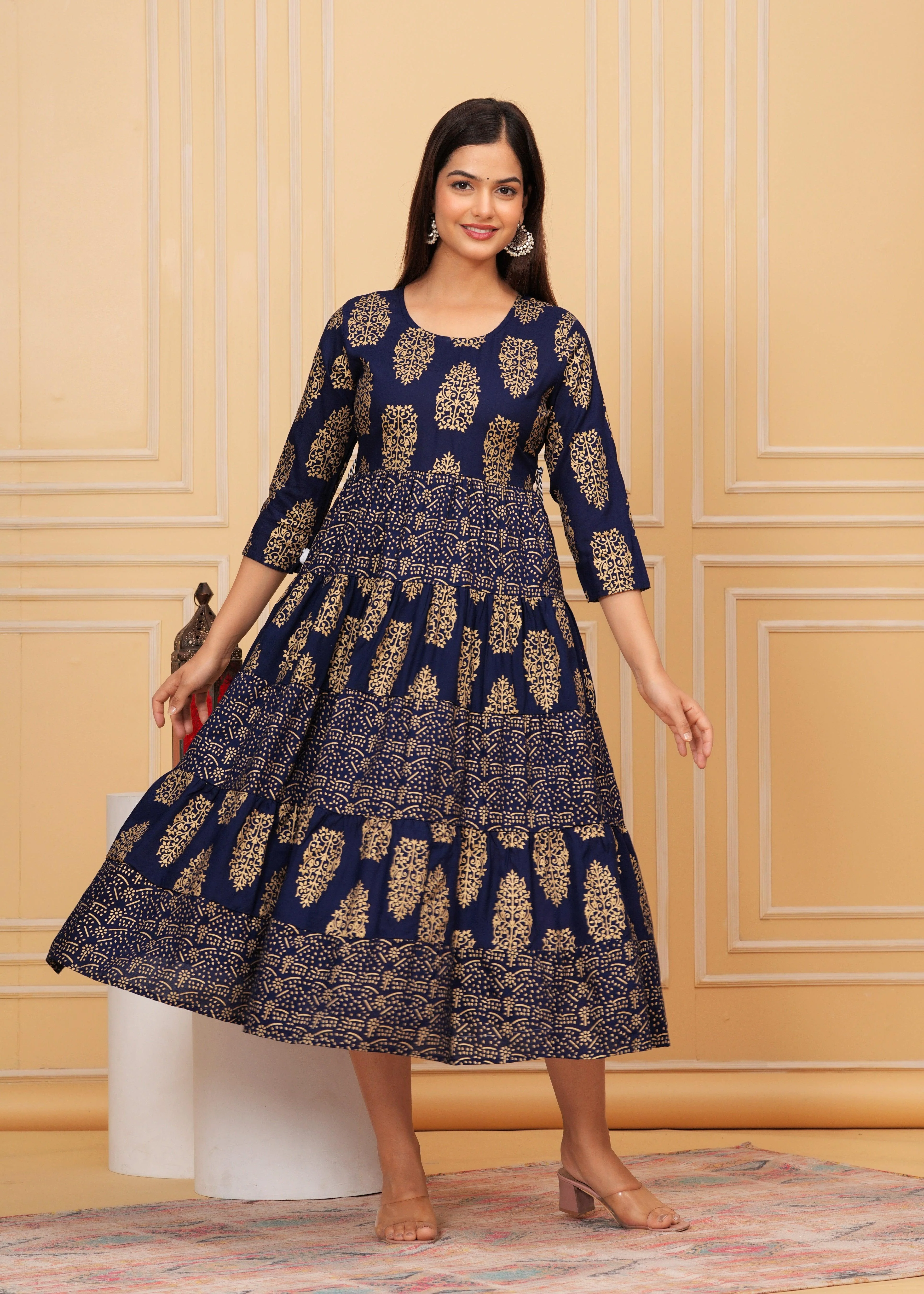 Dark Blue Gold Printed Rayon Anarkali Gown - Image 6