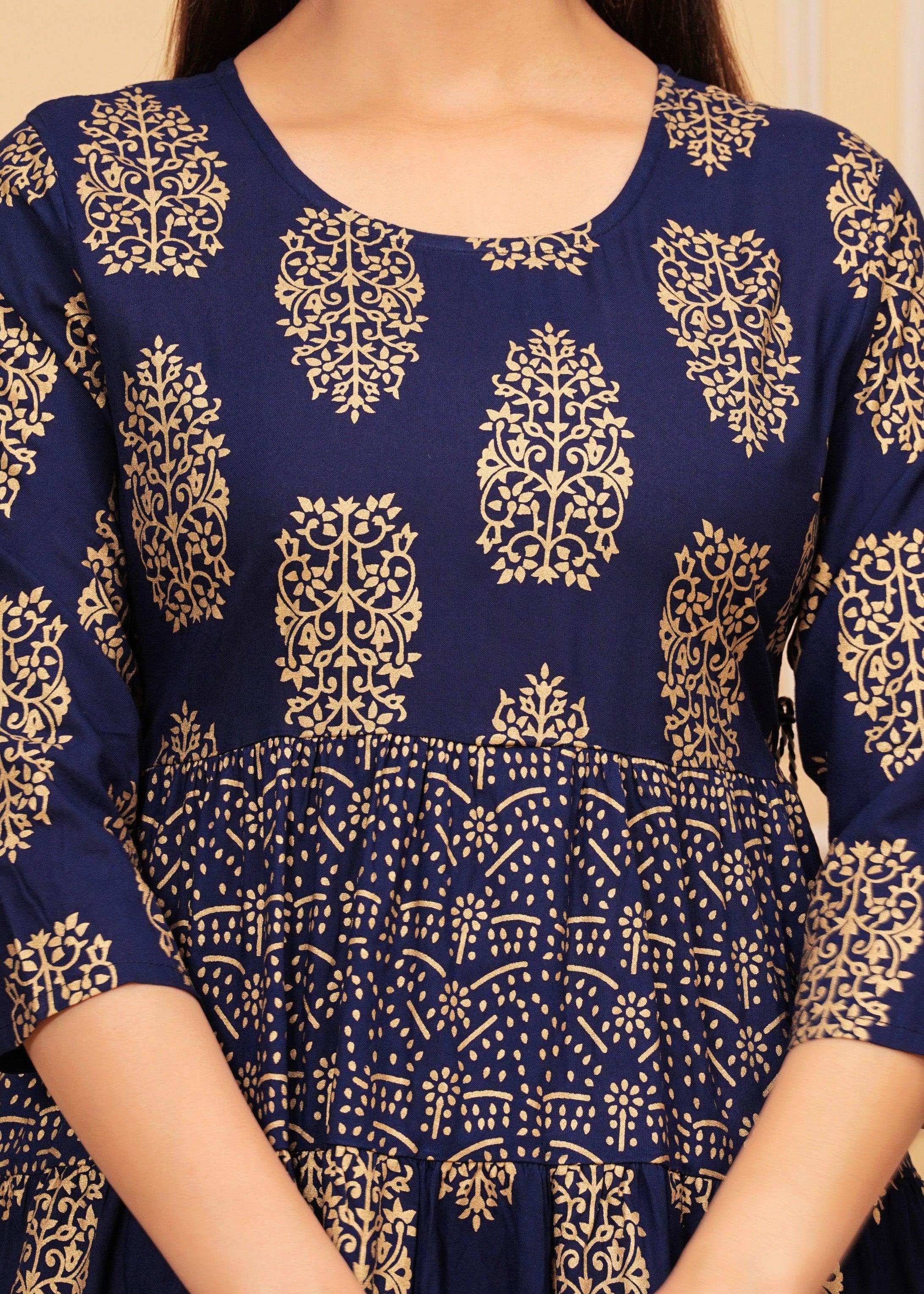 Dark Blue Gold Printed Rayon Anarkali Gown - Image 8