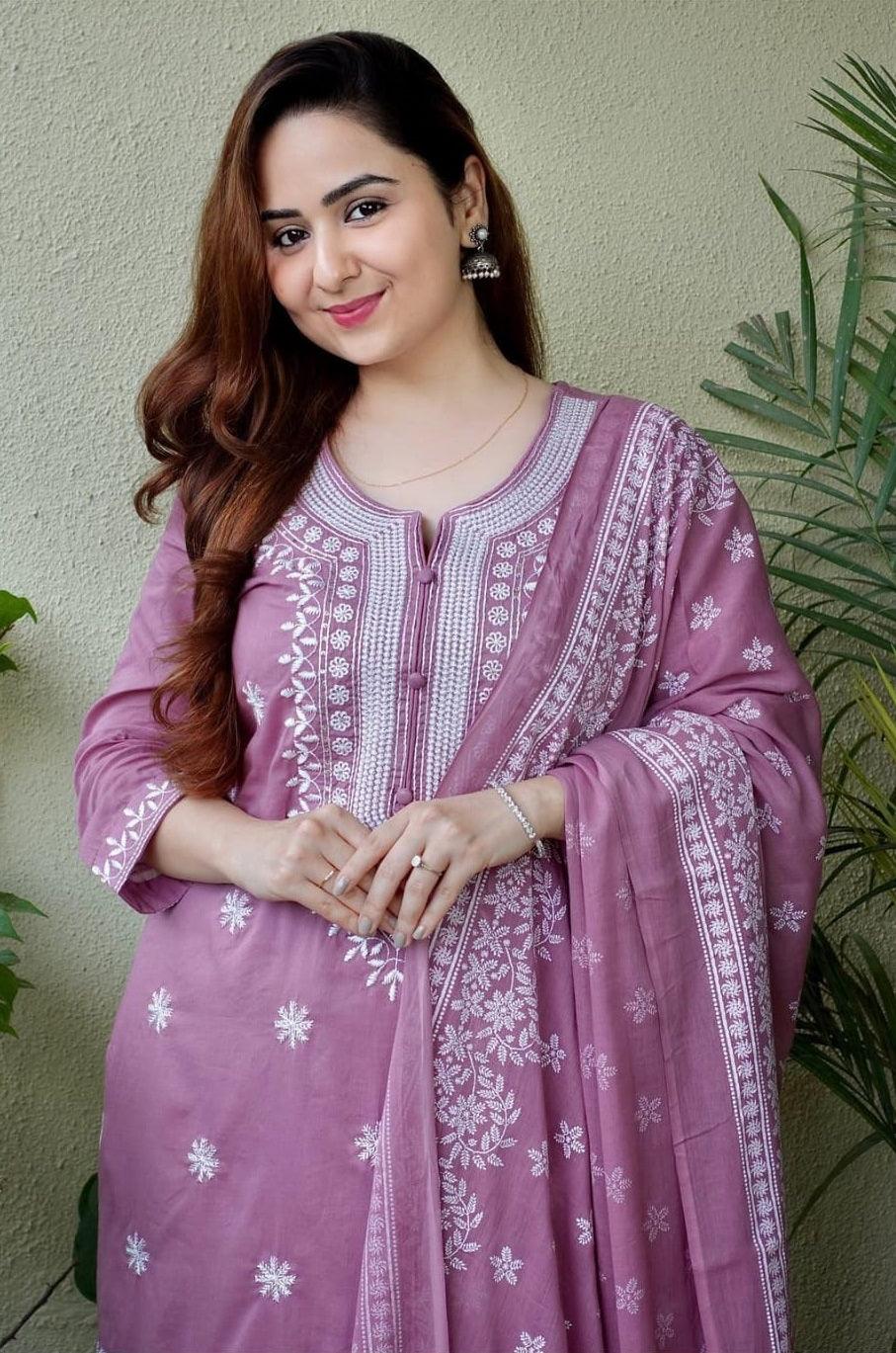 Dusty Lavender Embroidered Suit Set with Dupatta - Image 3