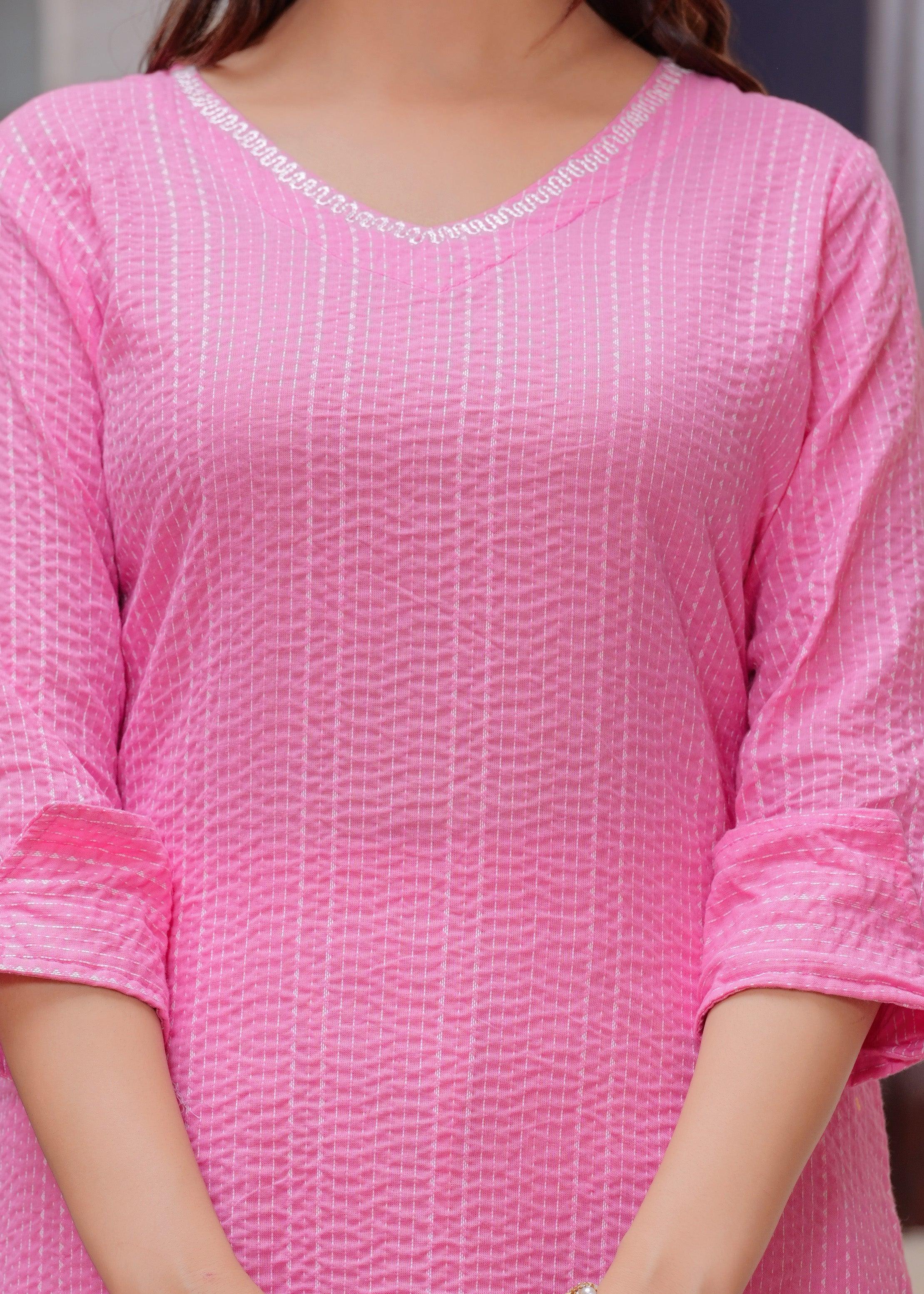 Dusty Pink Katha Cotton Kurta and Cotton Pant Set - Image 4