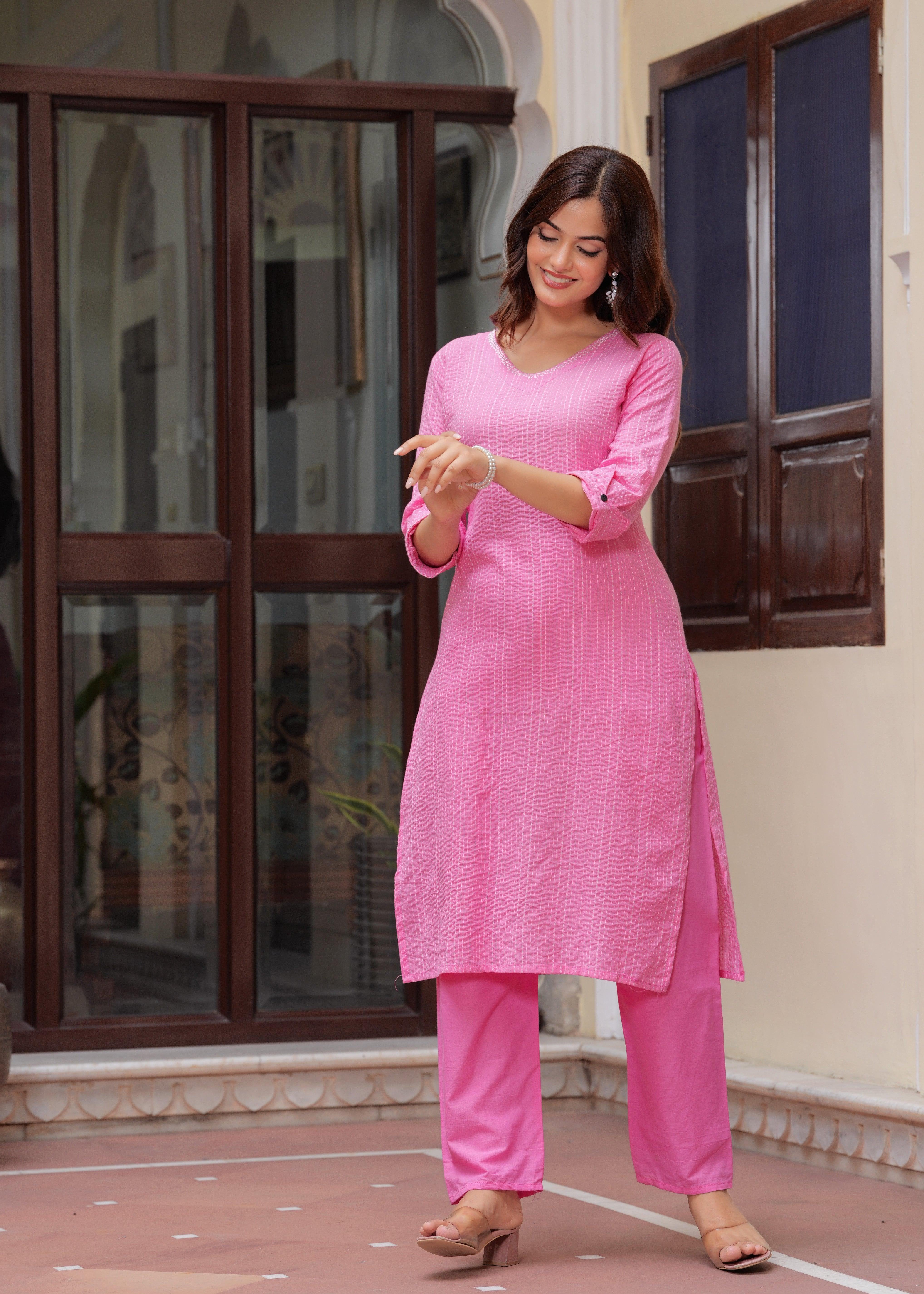 Dusty Pink Katha Cotton Kurta and Cotton Pant Set - Image 5