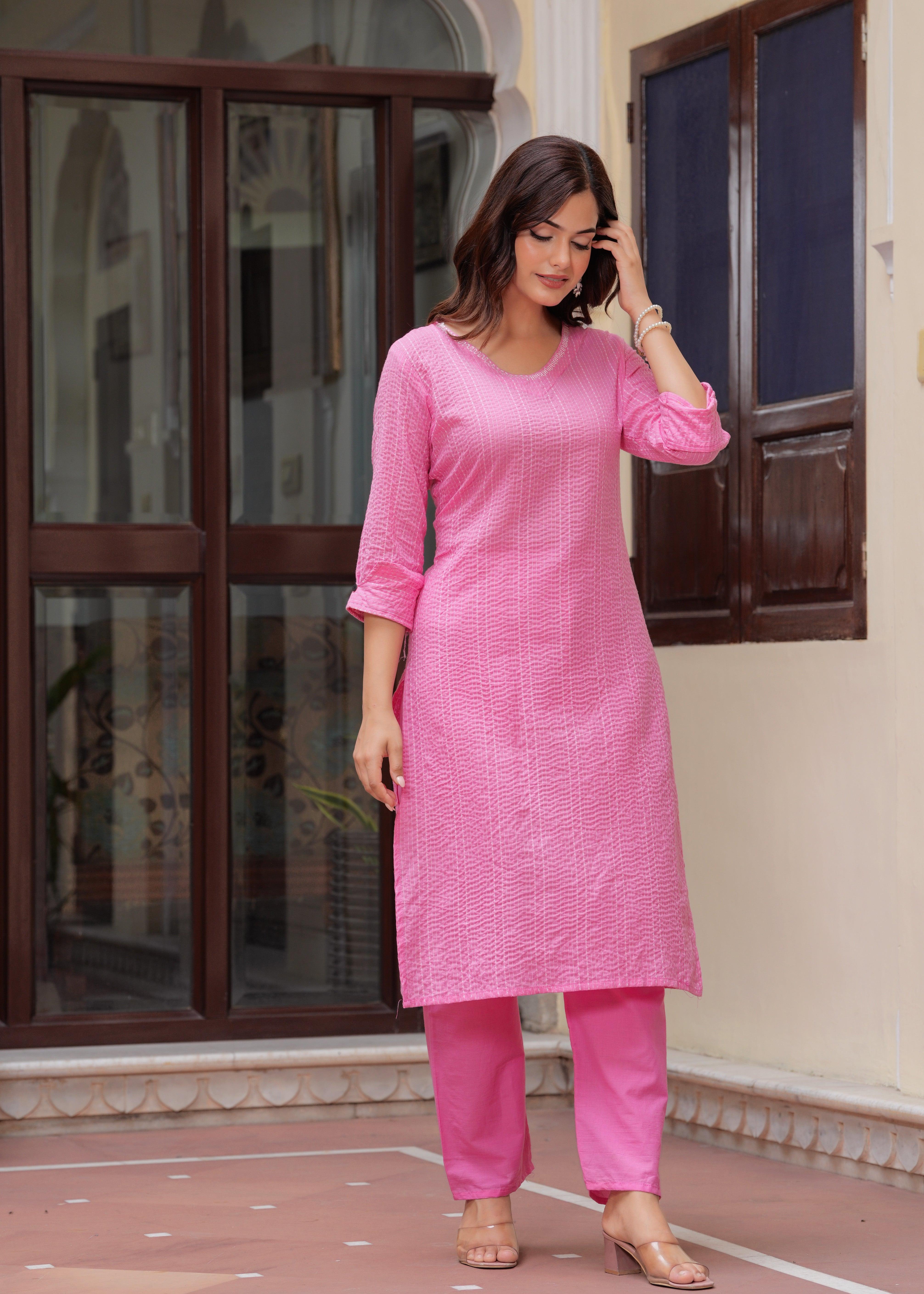 Dusty Pink Katha Cotton Kurta and Cotton Pant Set - Image 8