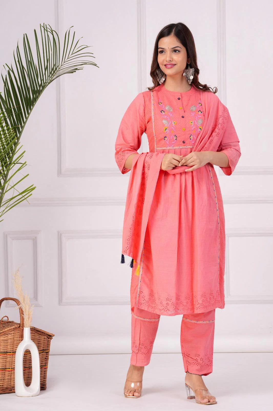 Embroidered Cotton Schiffli Kurta and Pant Set with Dupatta - Image 3