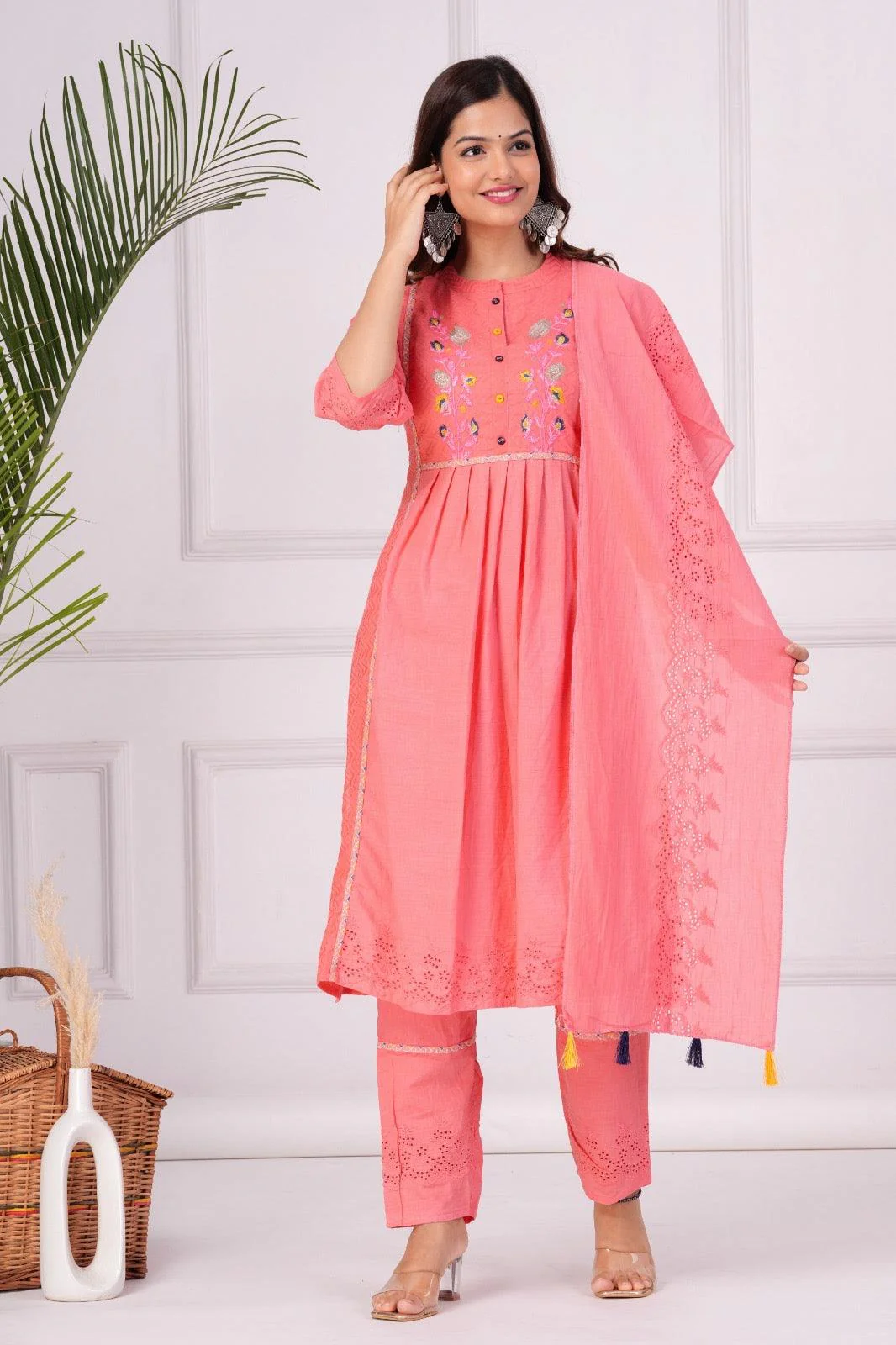 Embroidered Cotton Schiffli Kurta and Pant Set with Dupatta - Image 4