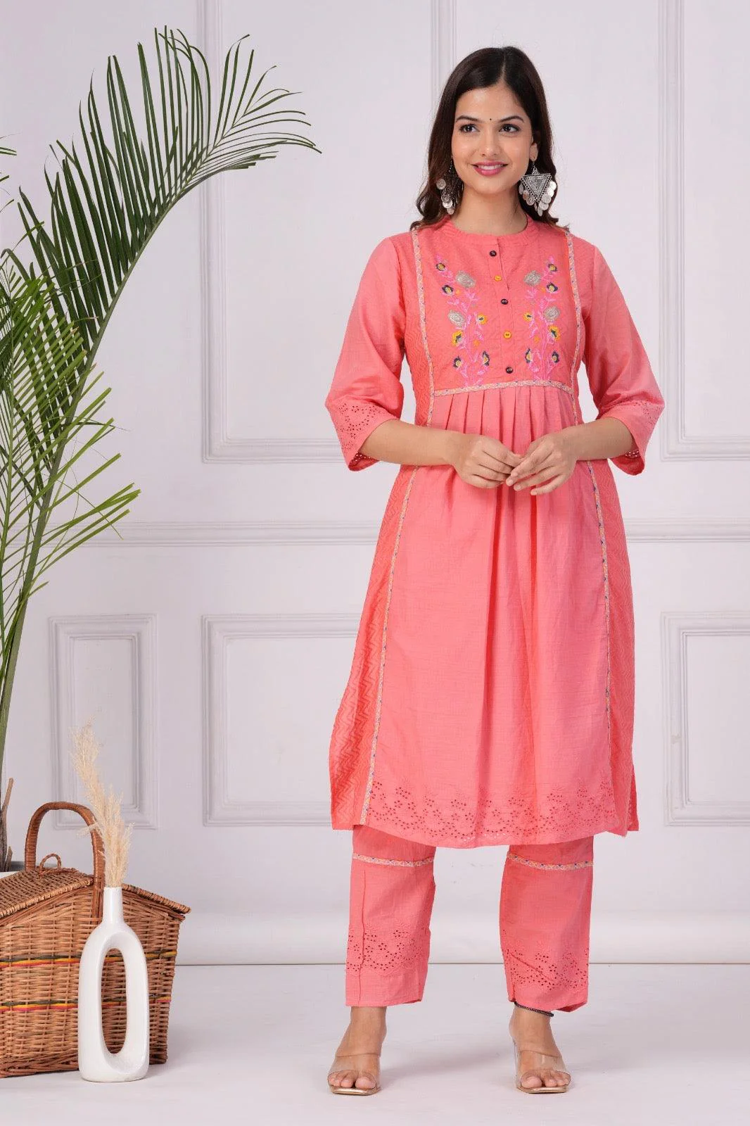 Embroidered Cotton Schiffli Kurta and Pant Set with Dupatta - Image 5