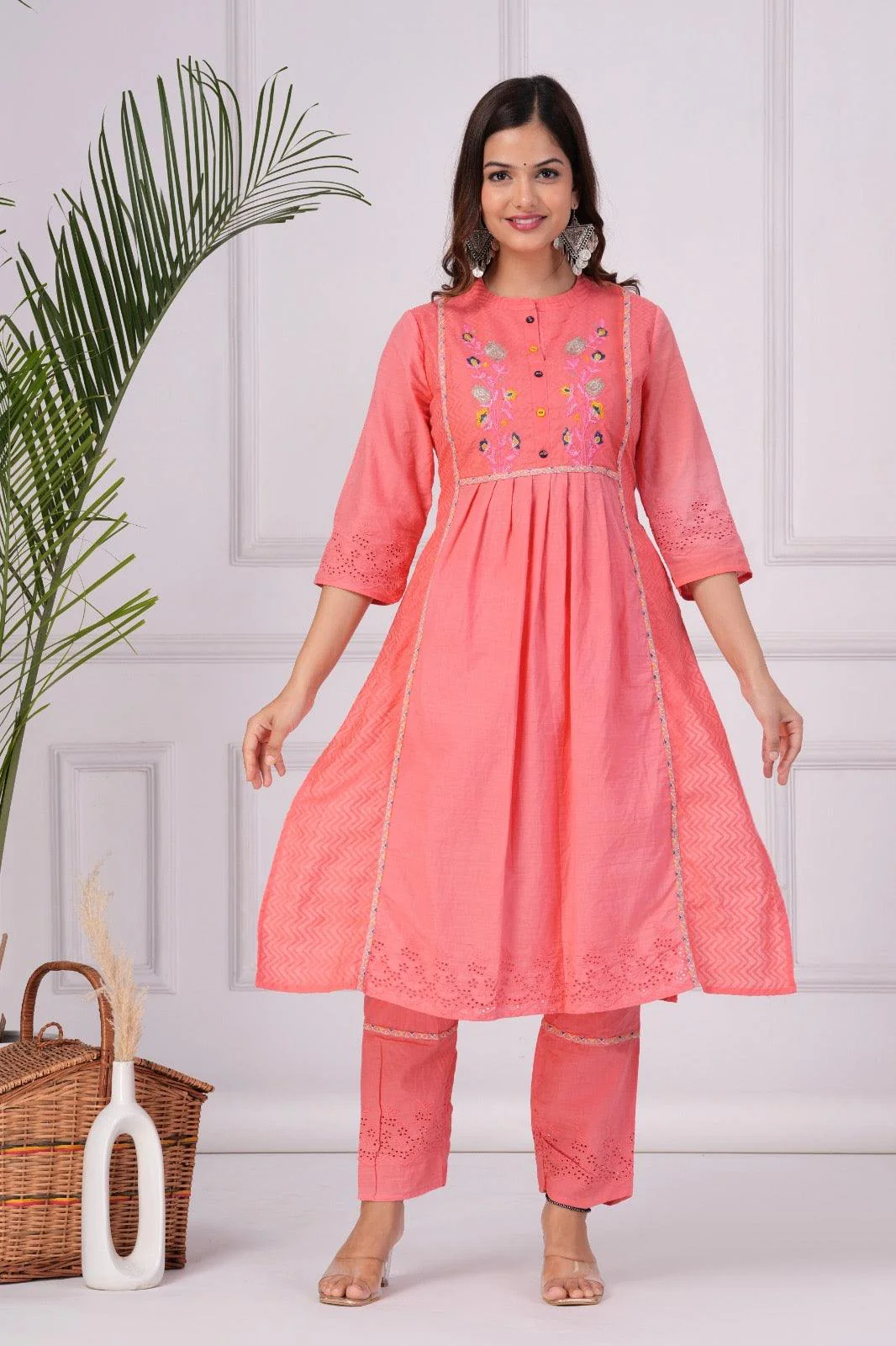 Embroidered Cotton Schiffli Kurta and Pant Set with Dupatta - Image 7