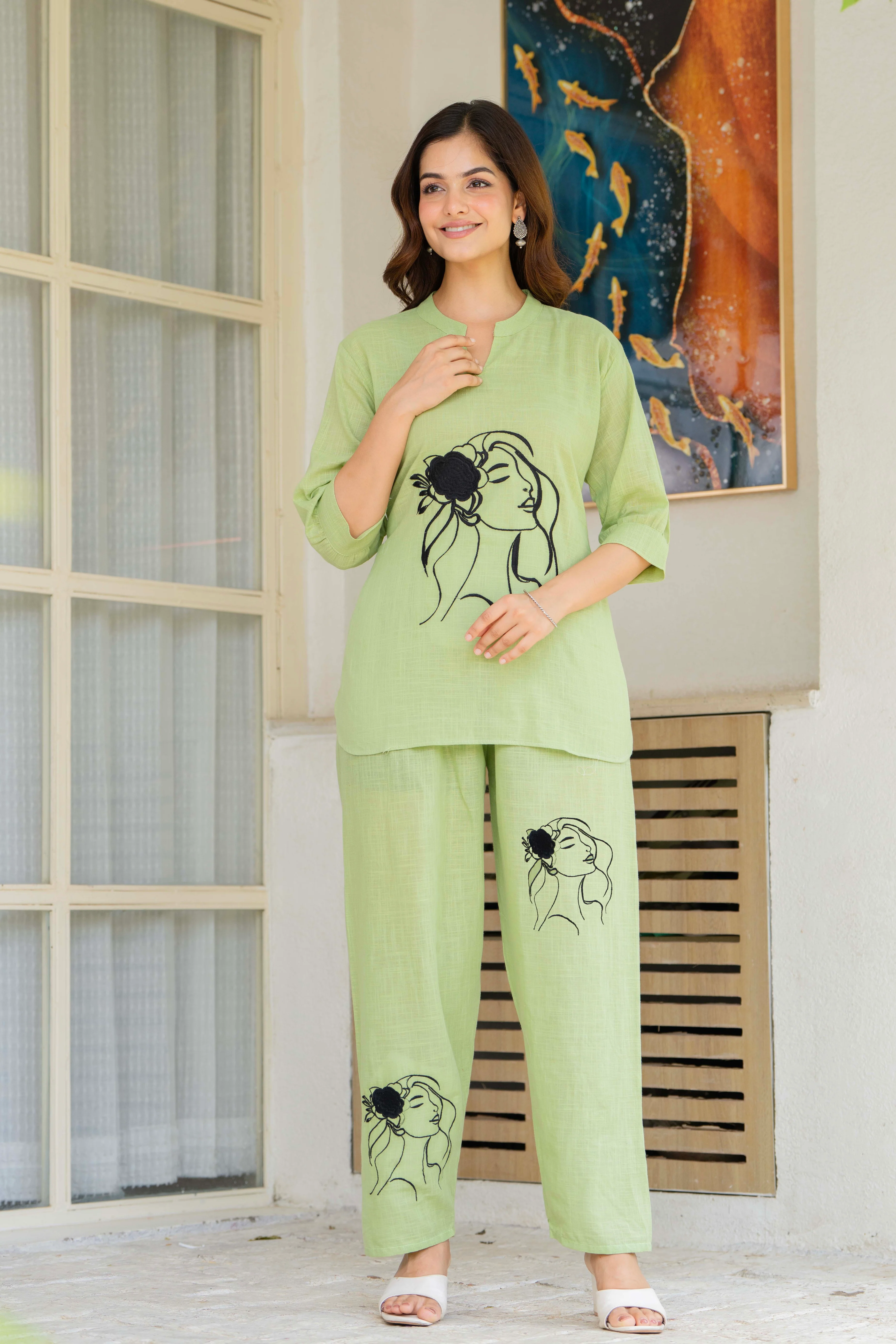 Green Embroidered Cotton Slub Co-Ord Set - Image 3