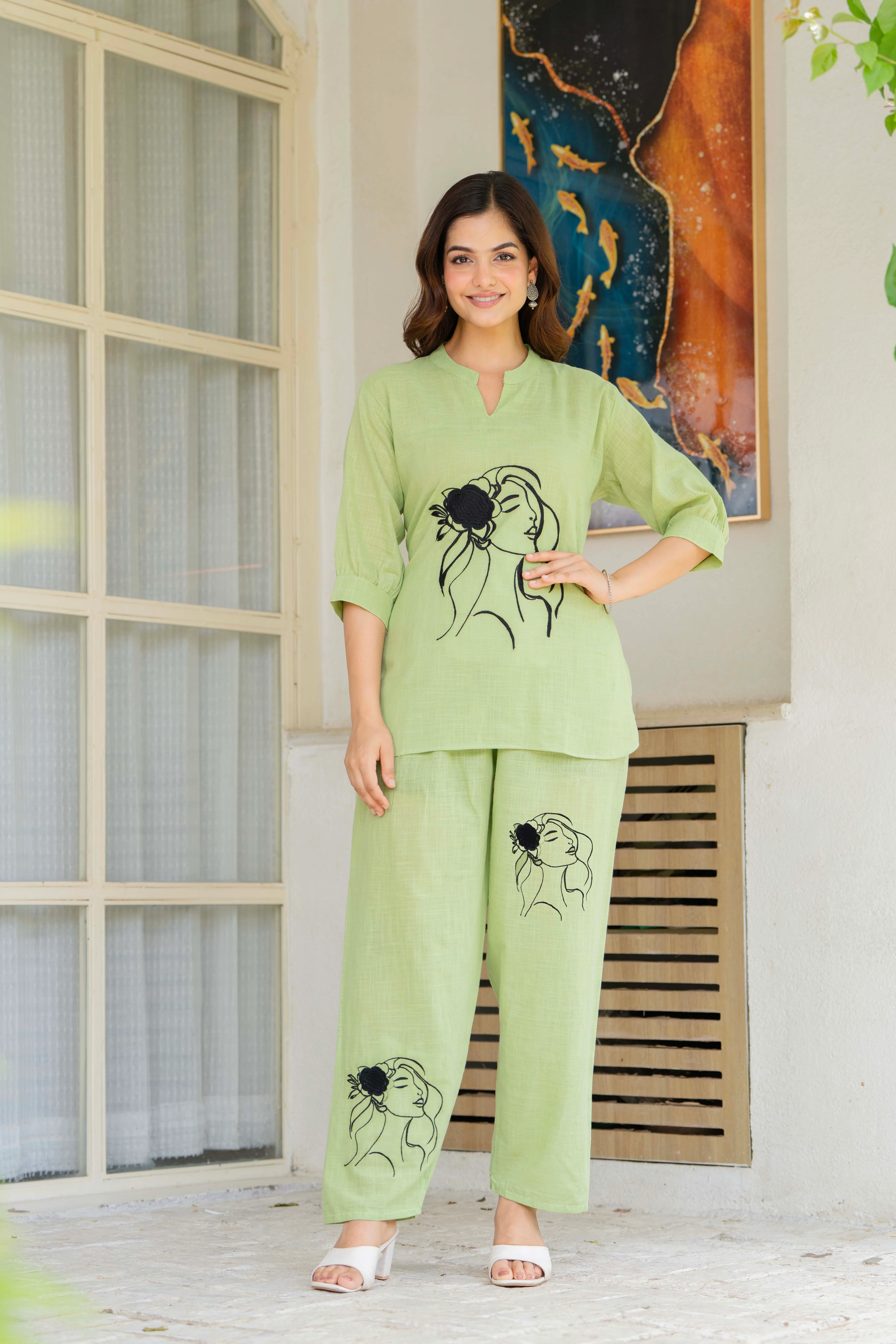 Green Embroidered Cotton Slub Co-Ord Set - Image 5