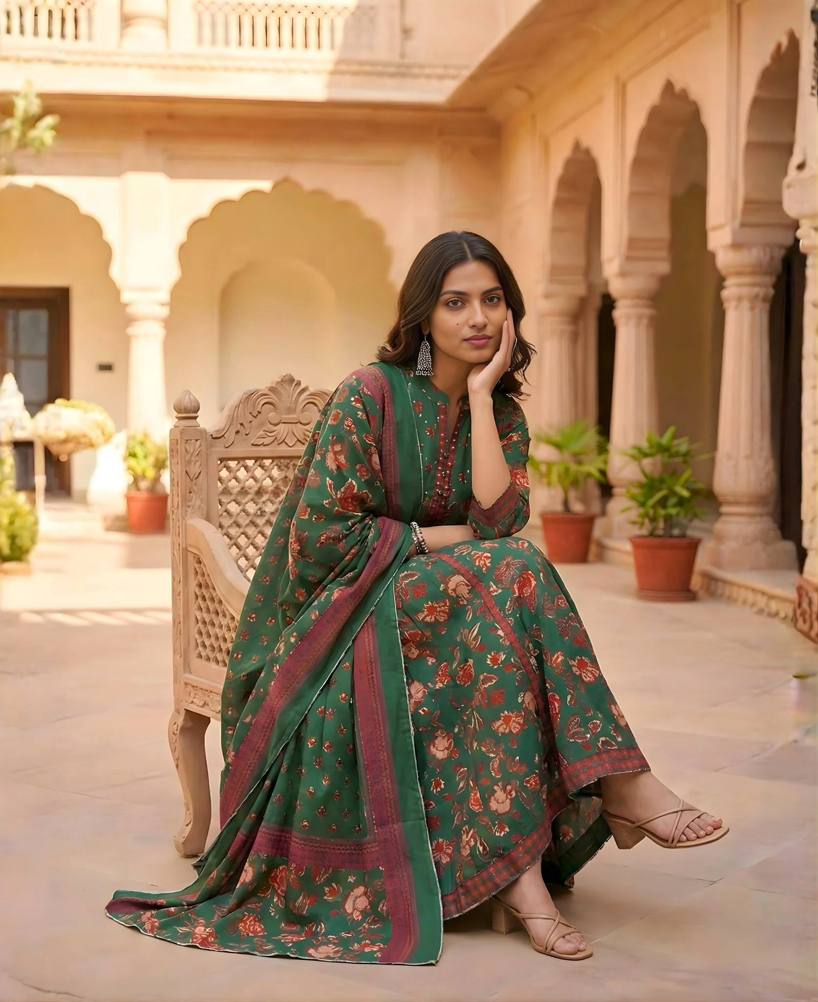 Green Floral Printed Cotton Anarkali Gown with Dupatta - Image 3
