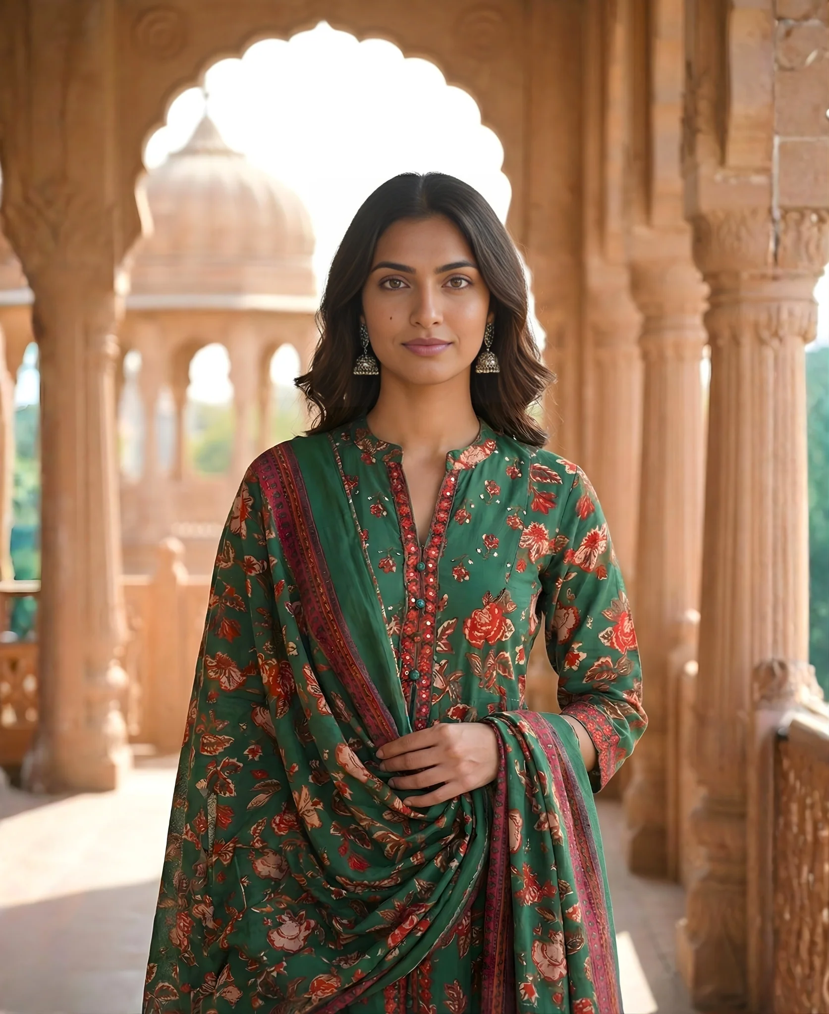 Green Floral Printed Cotton Anarkali Gown with Dupatta - Image 4
