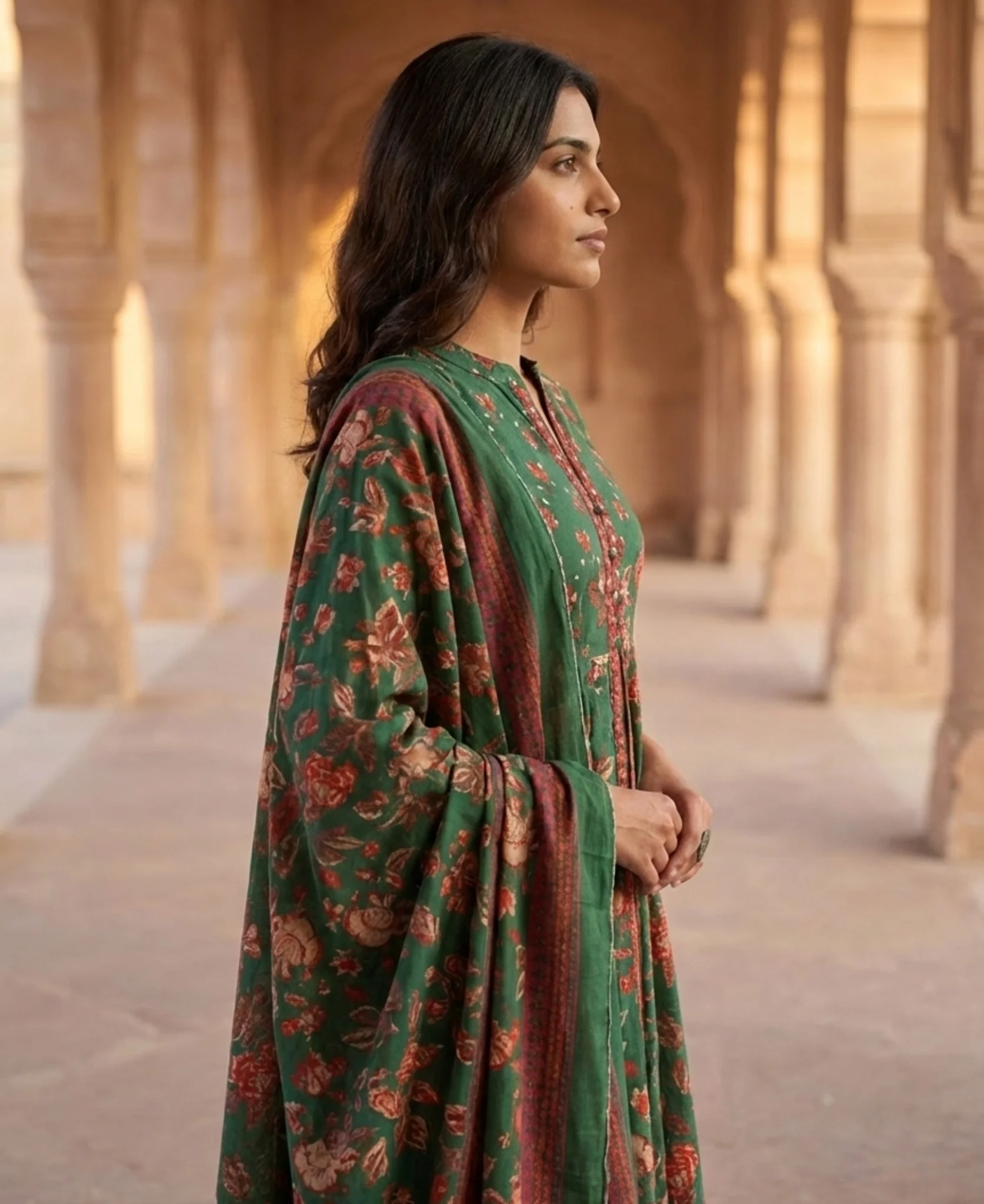 Green Floral Printed Cotton Anarkali Gown with Dupatta - Image 5