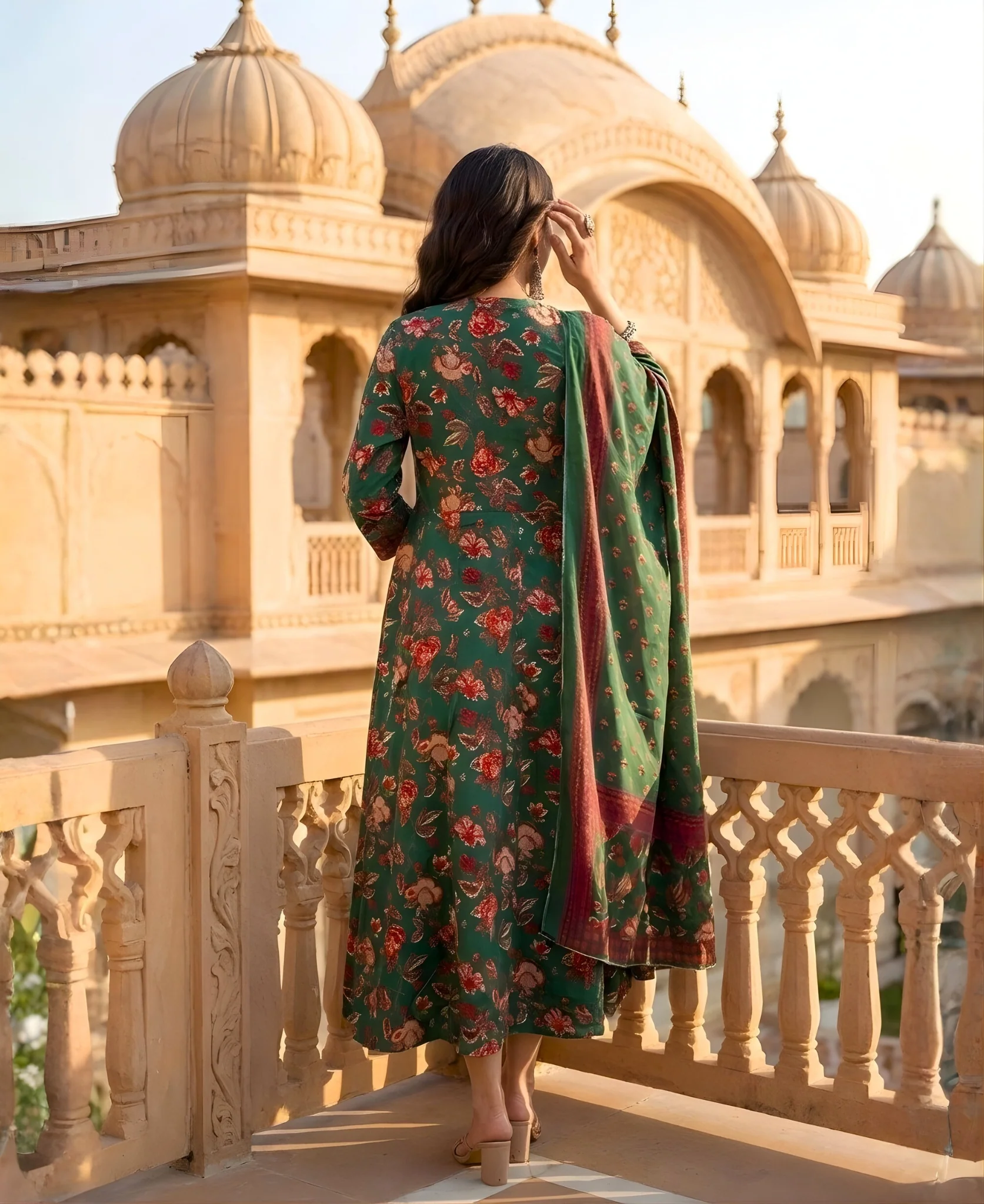 Green Floral Printed Cotton Anarkali Gown with Dupatta - Image 6