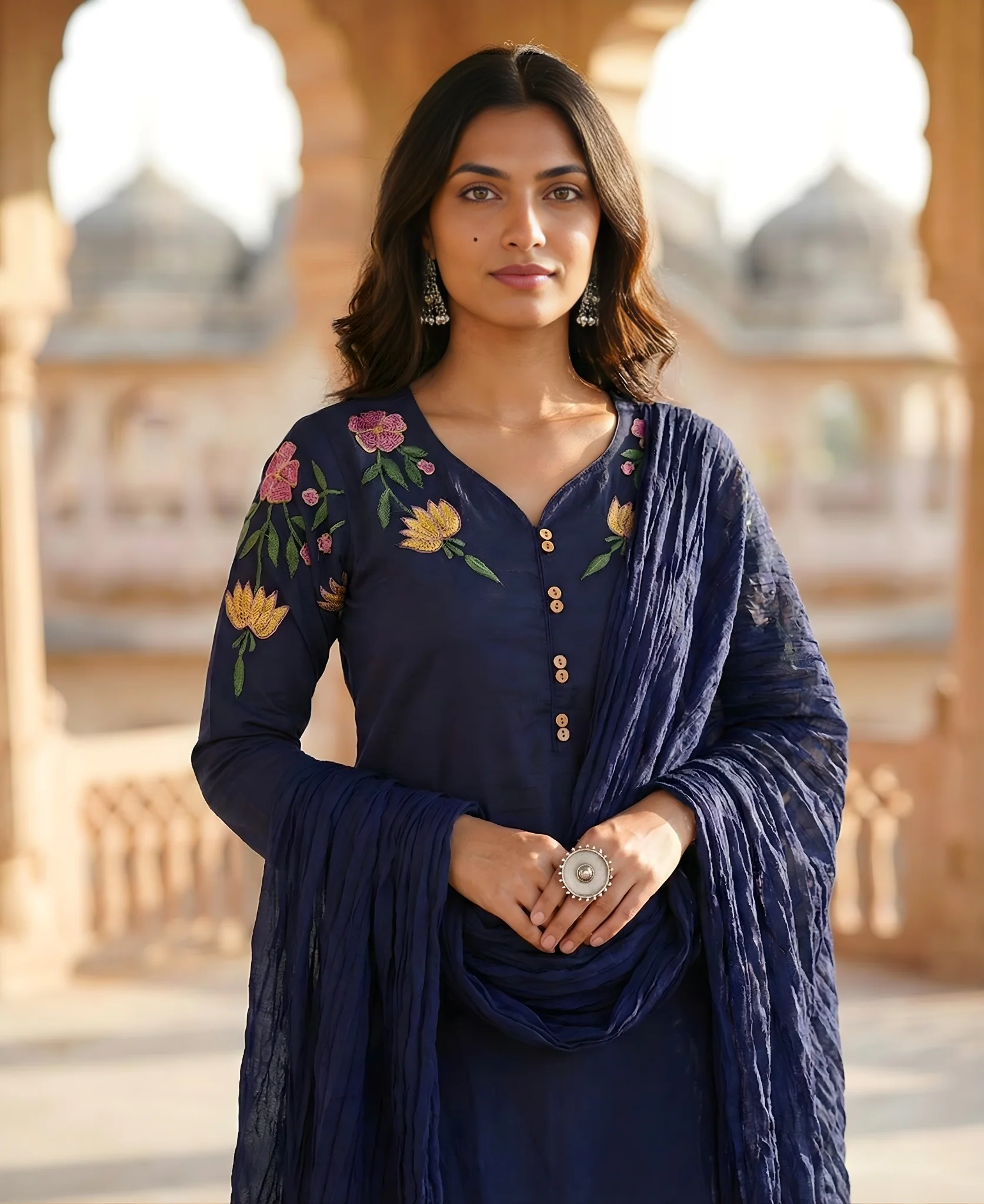 Navy Blue Embroidered Cotton Kurta and Pant Set with Dupatta - Image 3