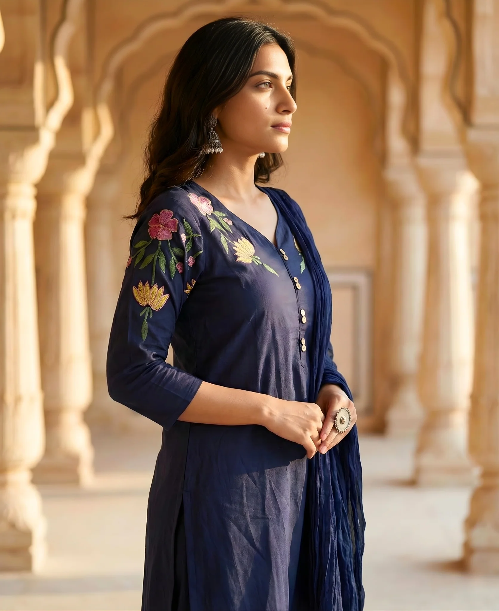 Navy Blue Embroidered Cotton Kurta and Pant Set with Dupatta - Image 4