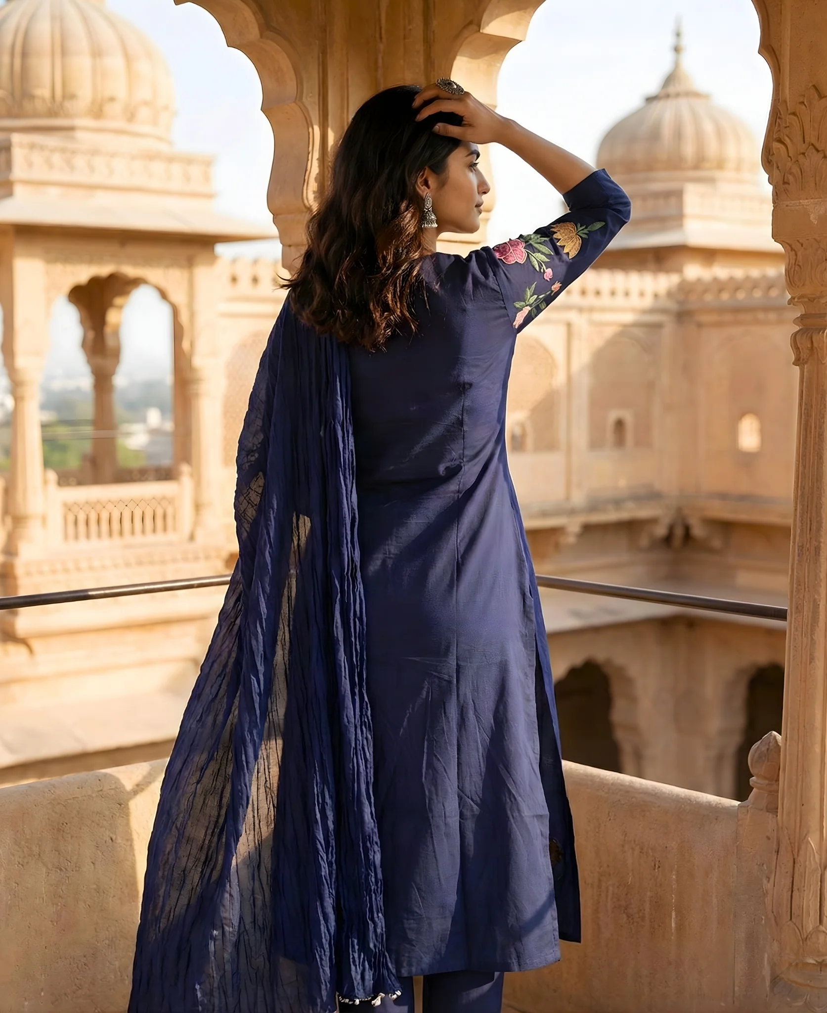 Navy Blue Embroidered Cotton Kurta and Pant Set with Dupatta - Image 5