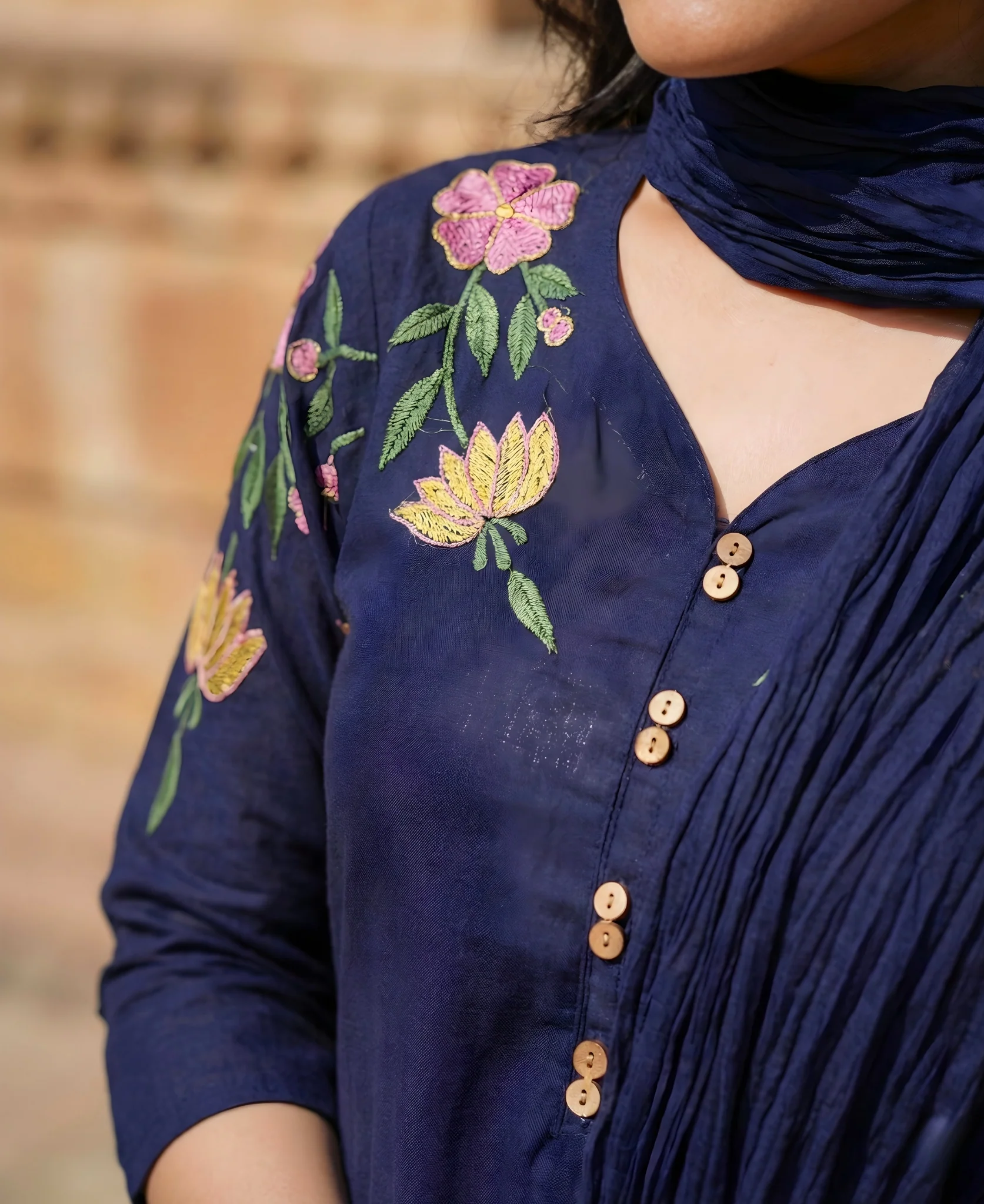 Navy Blue Embroidered Cotton Kurta and Pant Set with Dupatta - Image 6