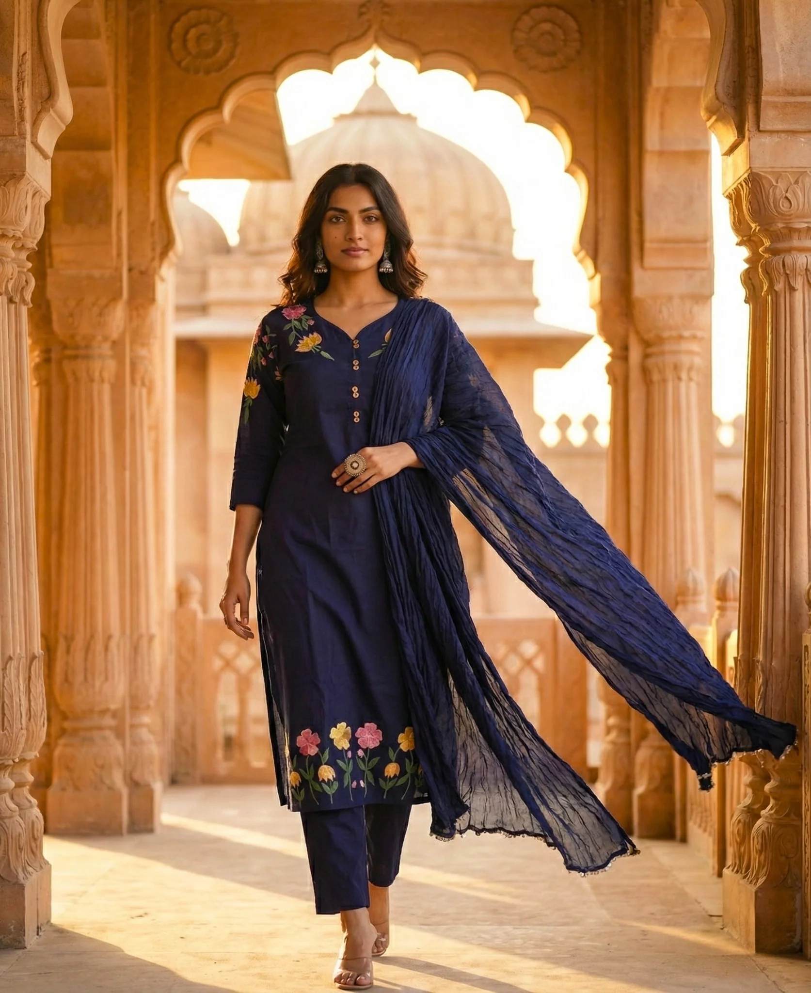 Navy Blue Embroidered Cotton Kurta and Pant Set with Dupatta - Image 7