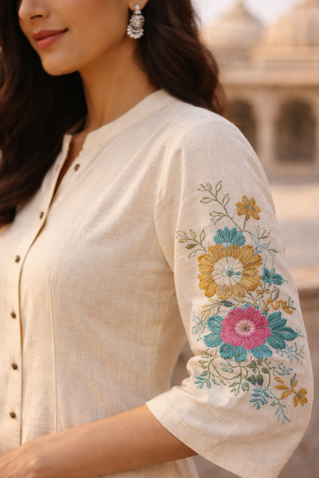 Off White Embroidered Cotton Flex Kurta and Pant Set - Image 3
