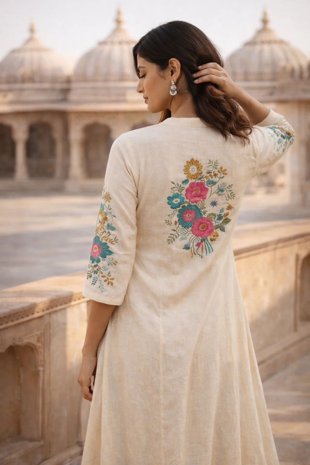 Off White Embroidered Cotton Flex Kurta and Pant Set - Image 4