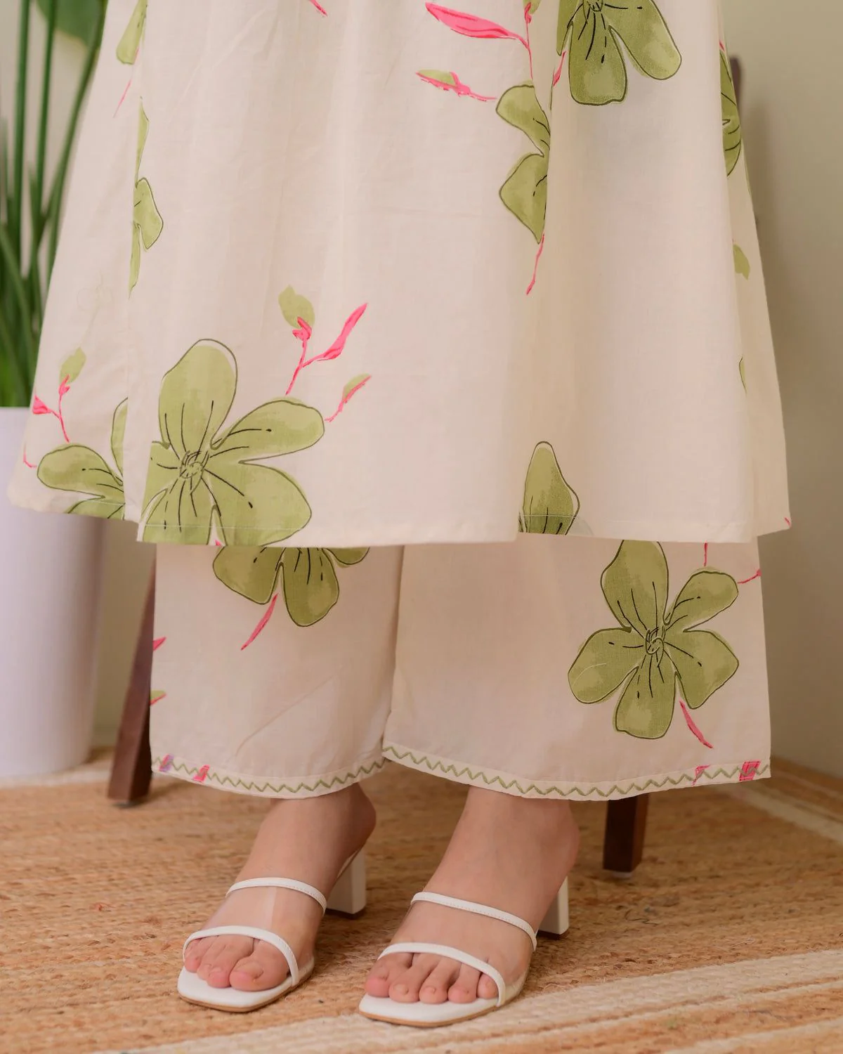 Off White Floral Printed Cotton Kurta and Palazzo Set - Image 4