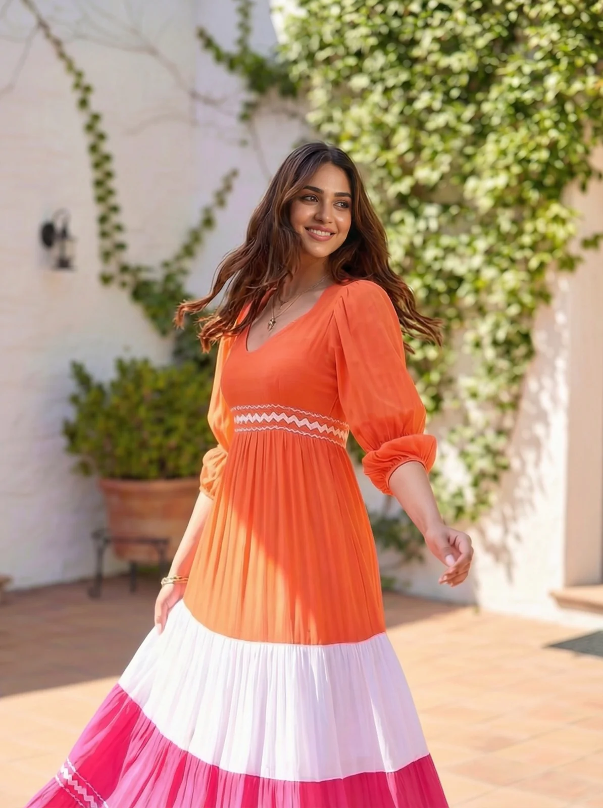 Orange White Pink Embellished Cotton Gown - Image 4