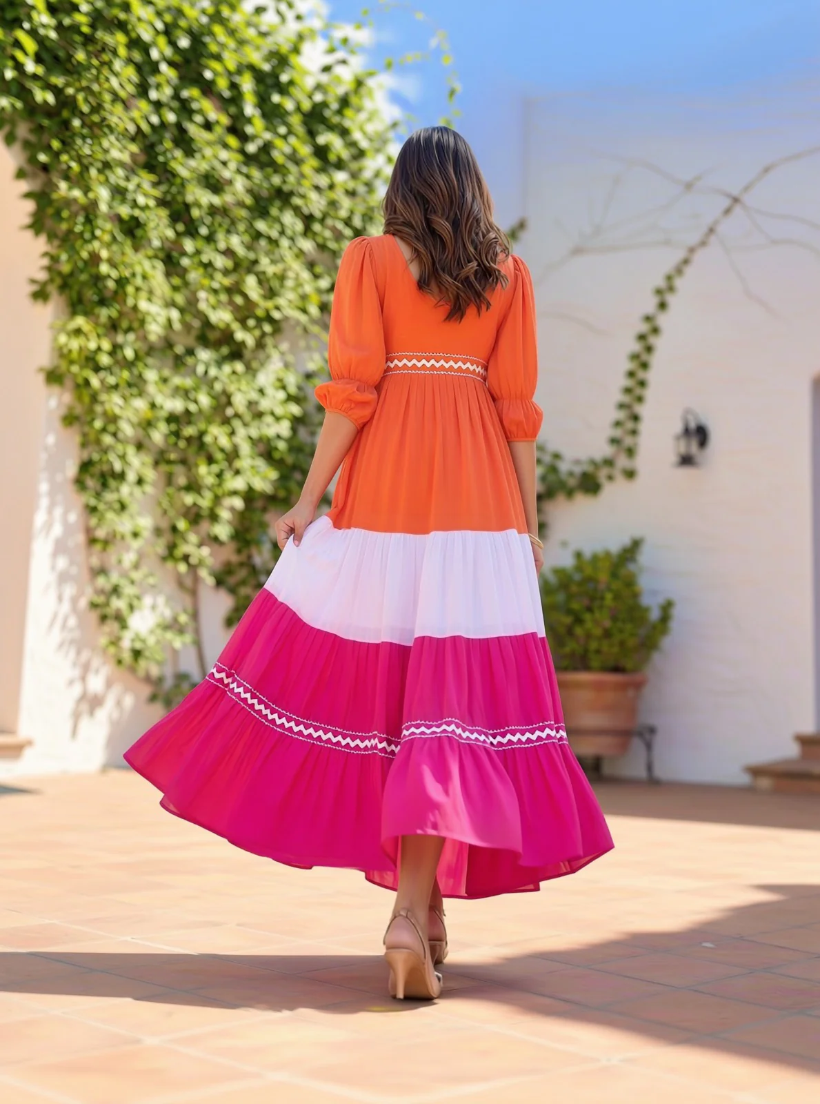 Orange White Pink Embellished Cotton Gown - Image 5
