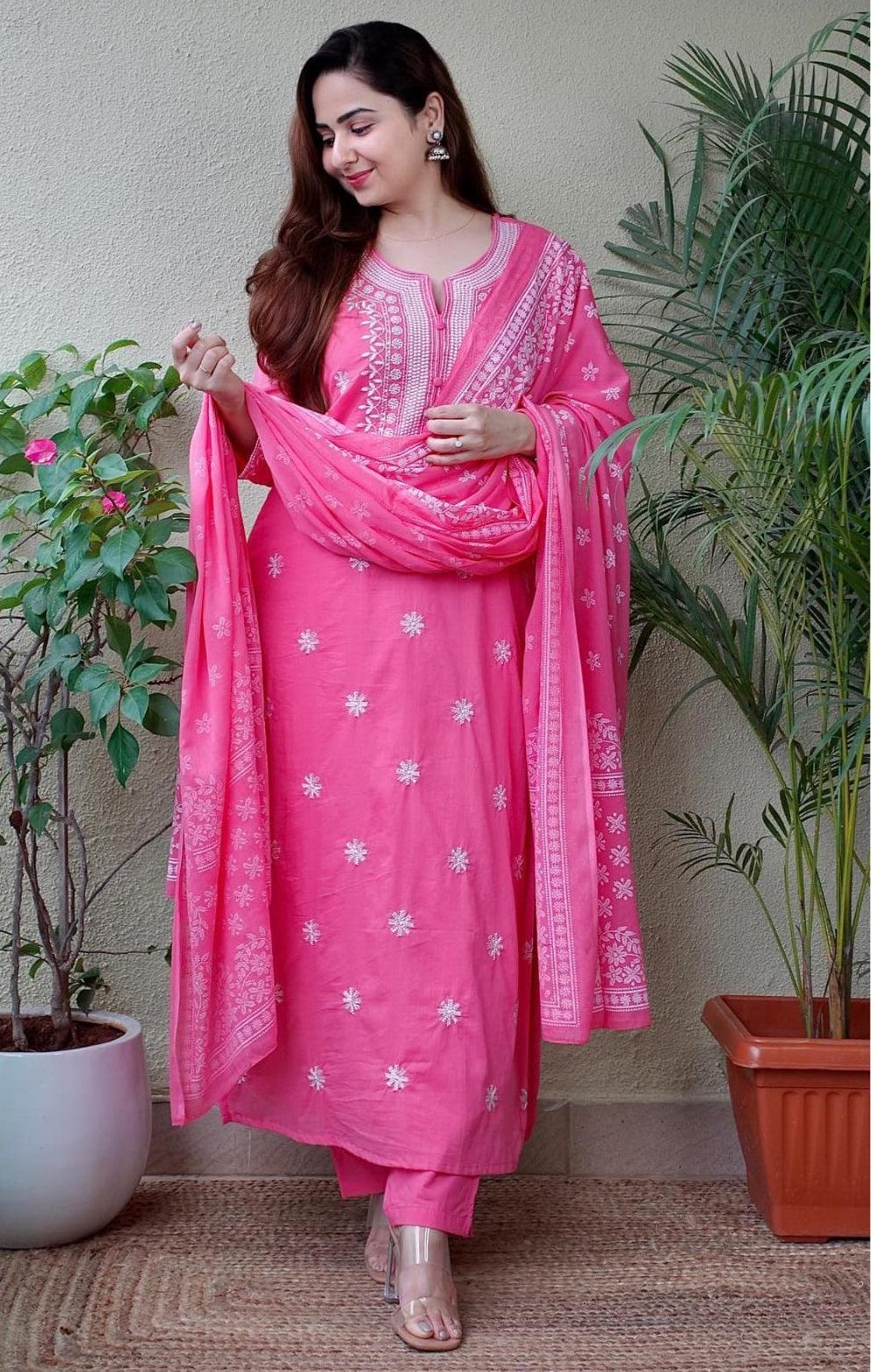 Pale Magenta Embroidered Suit Set with Dupatta - Image 3