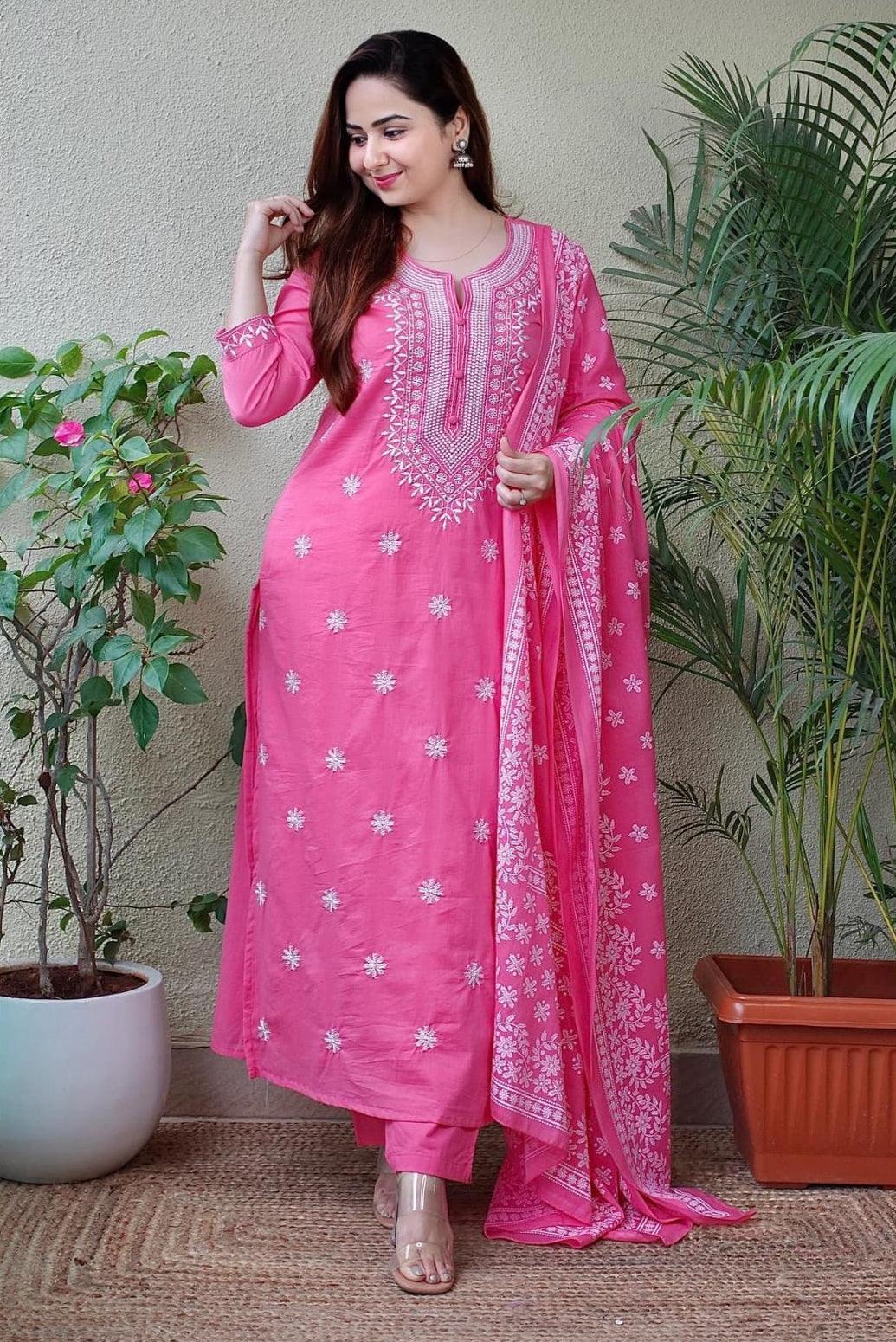Pale Magenta Embroidered Suit Set with Dupatta - Image 4