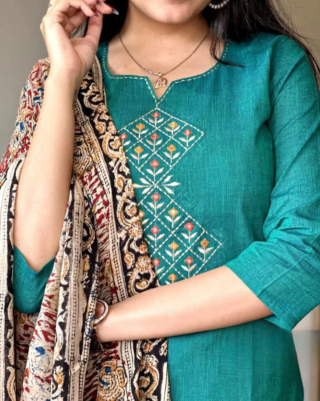 Persian Green Embroidered Handloom Cotton Suit Set with Dupatta - Image 4