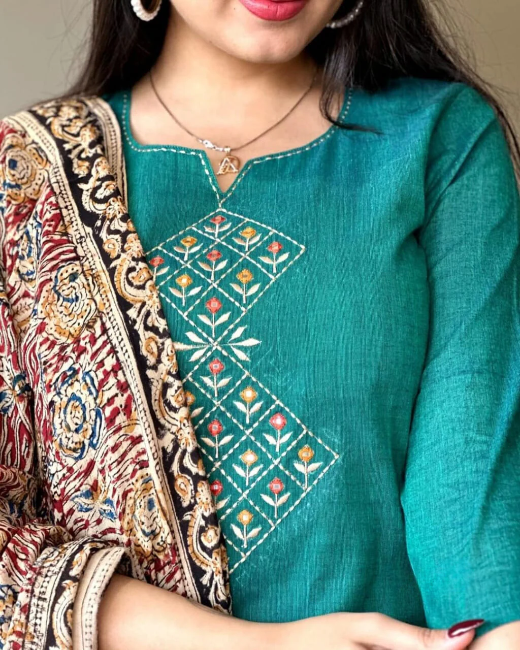 Persian Green Embroidered Handloom Cotton Suit Set with Dupatta - Image 5