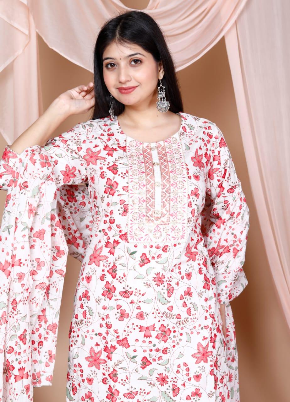 Printed Cotton Kurta and Pant Set with Mulmul Dupatta - Image 3
