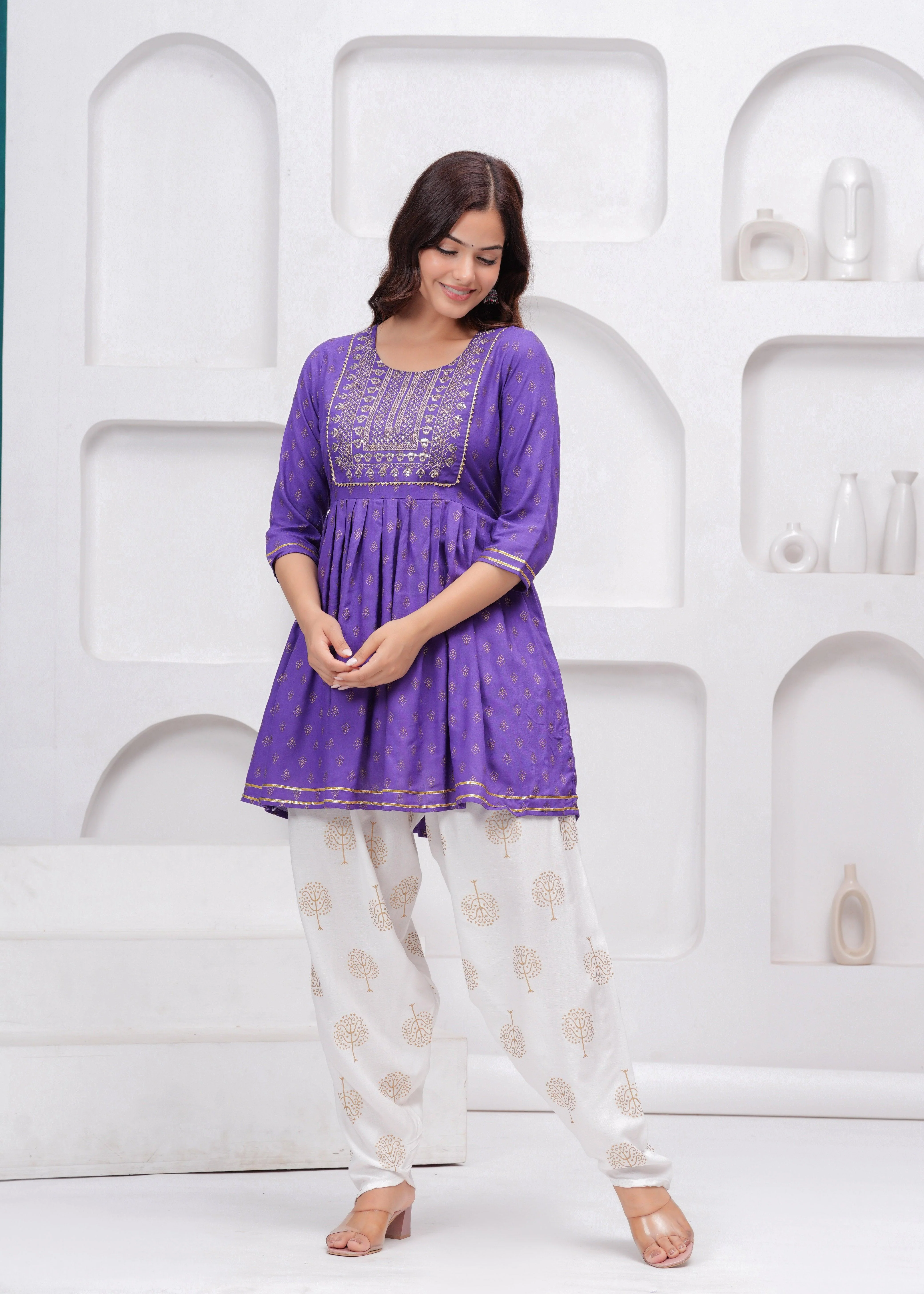 Purple Sequence Embroidered Short Kurta with Dhoti Pants - Image 3