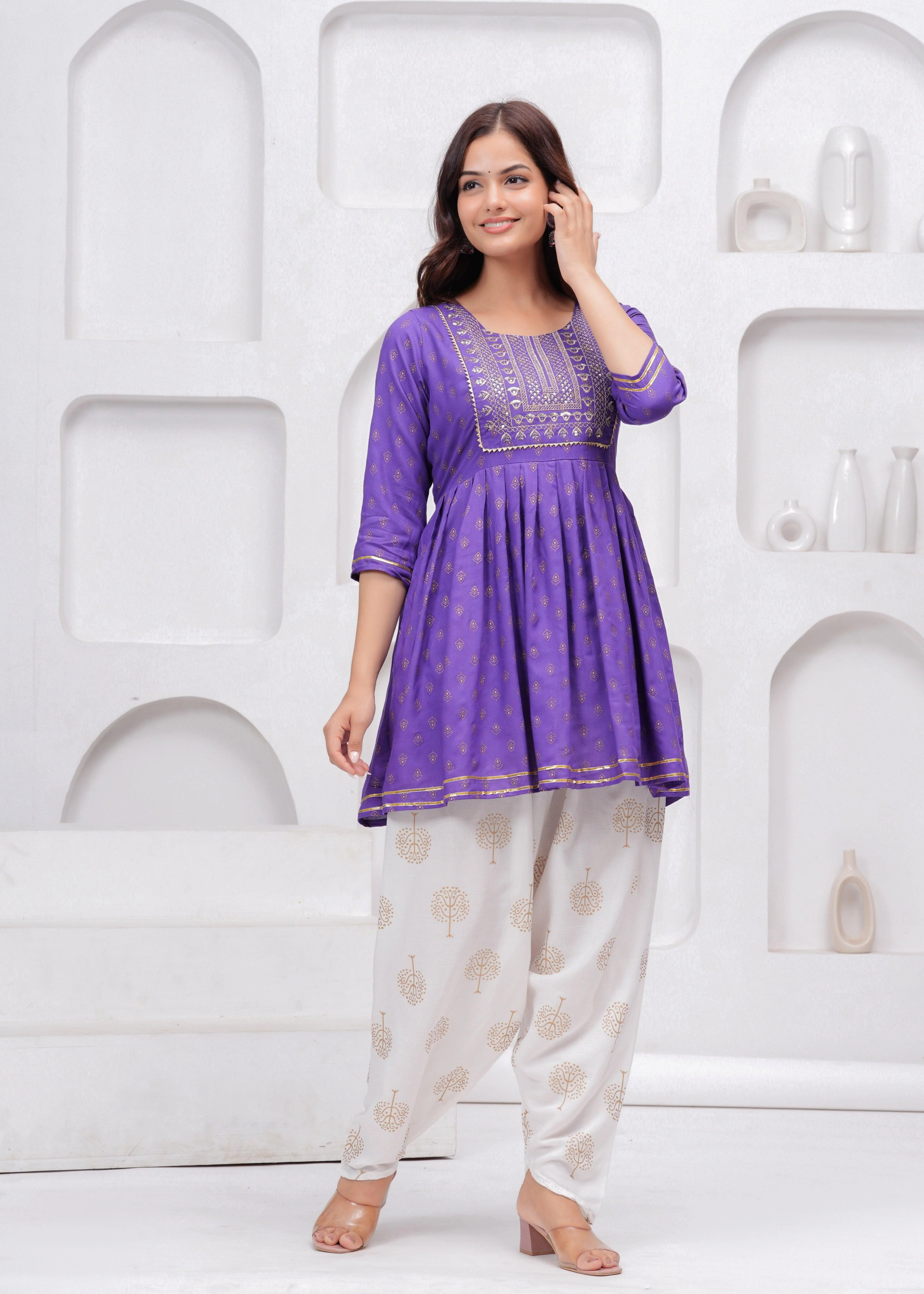 Purple Sequence Embroidered Short Kurta with Dhoti Pants - Image 4