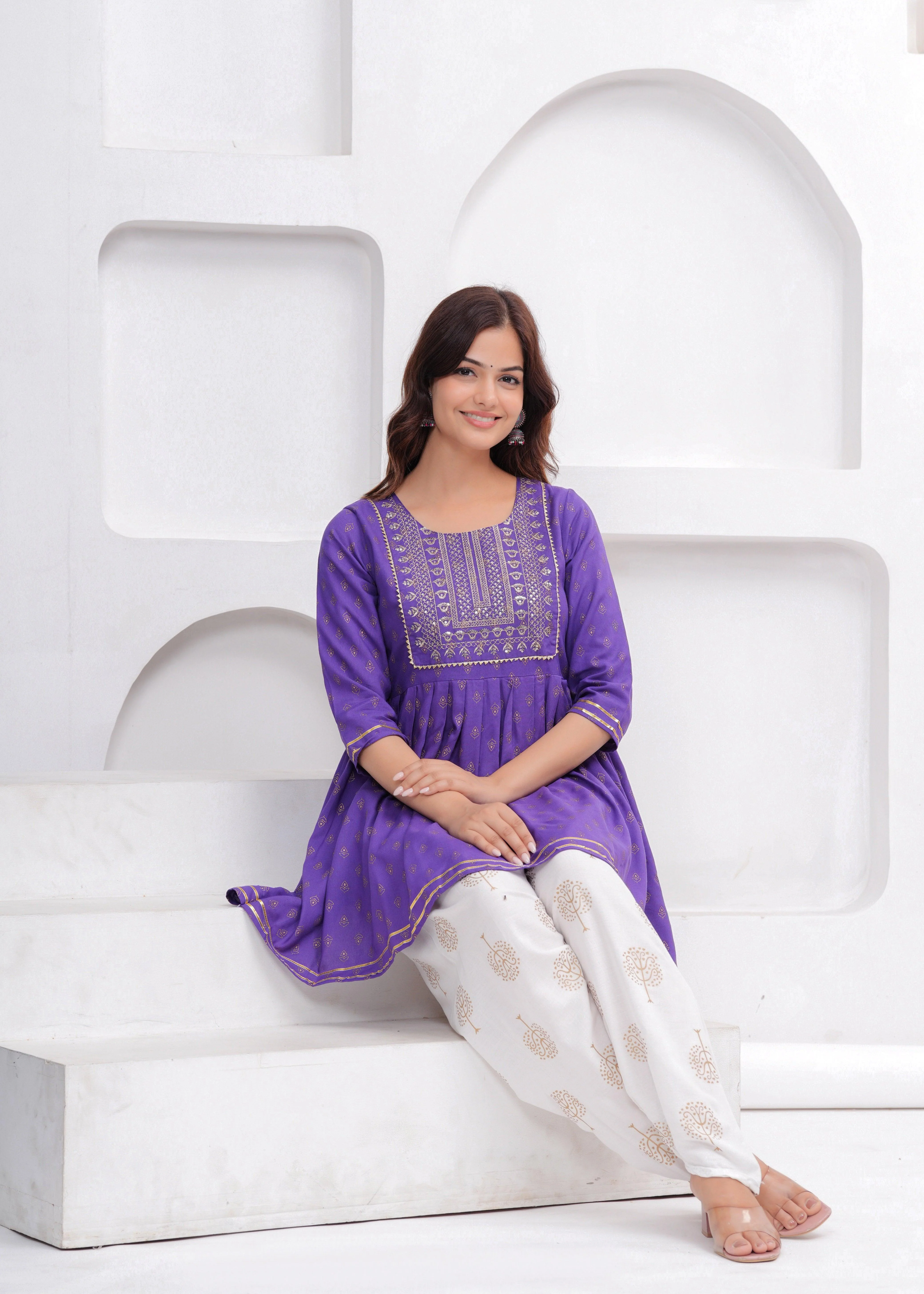 Purple Sequence Embroidered Short Kurta with Dhoti Pants - Image 8