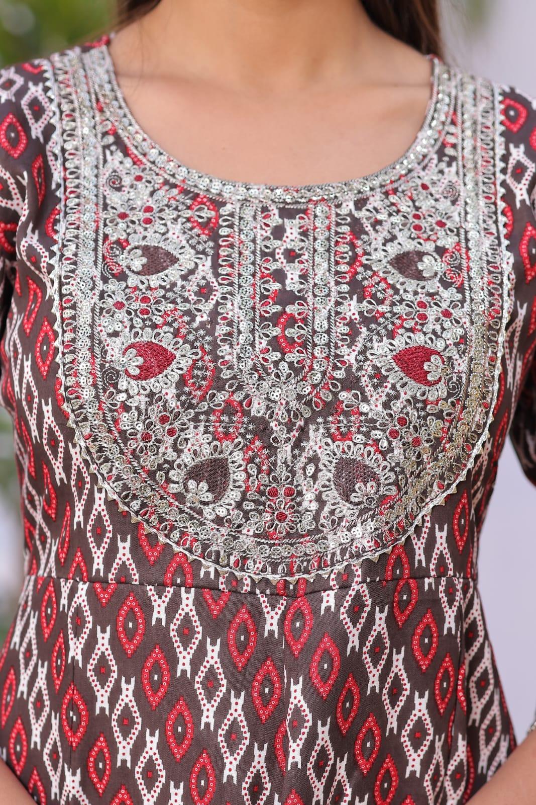 Red Grey Embroidered Rayon Anarkali Gown - Image 4