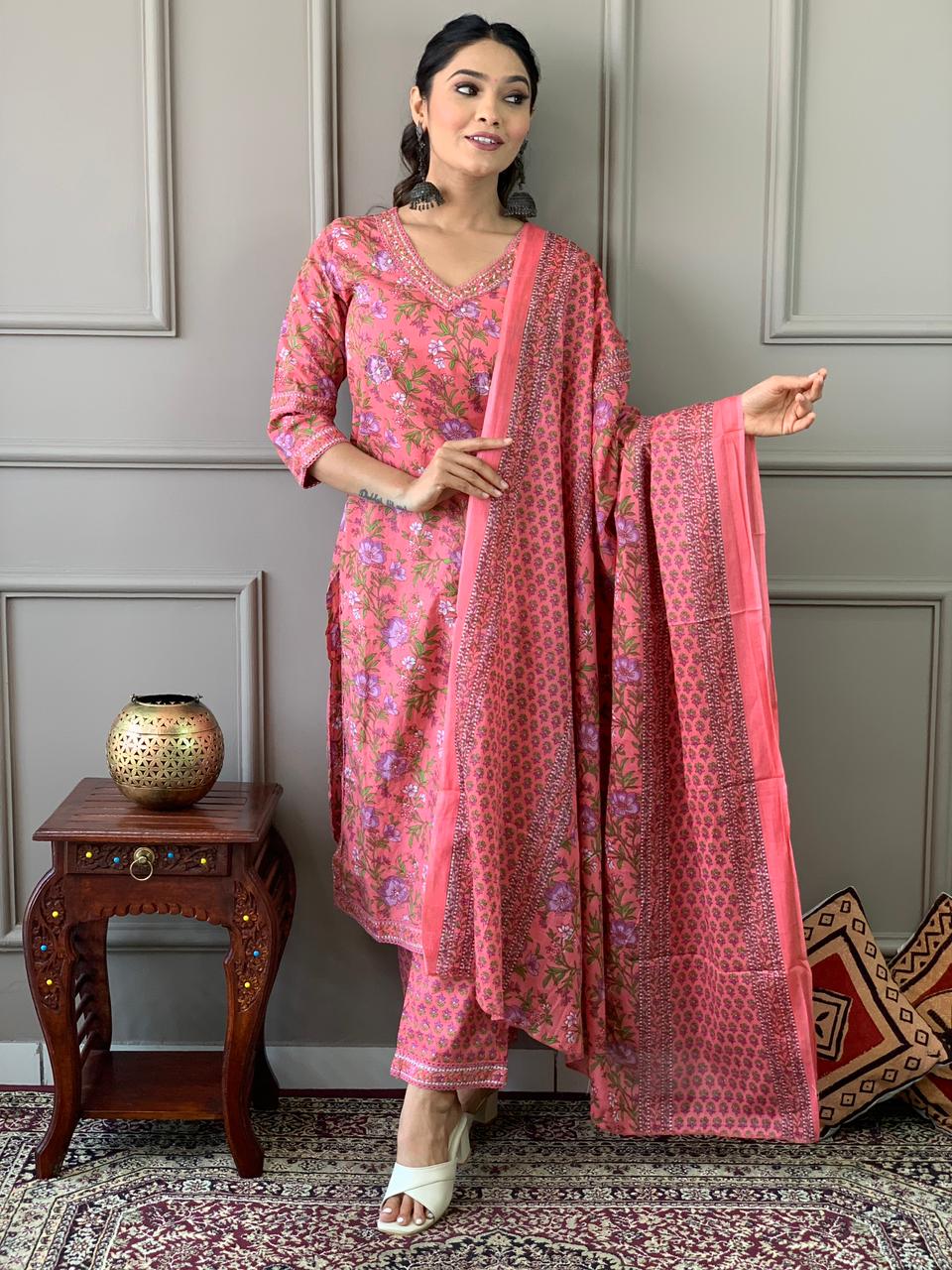 Rose Pink Printed Cotton Kurta and Pant Set - Image 4
