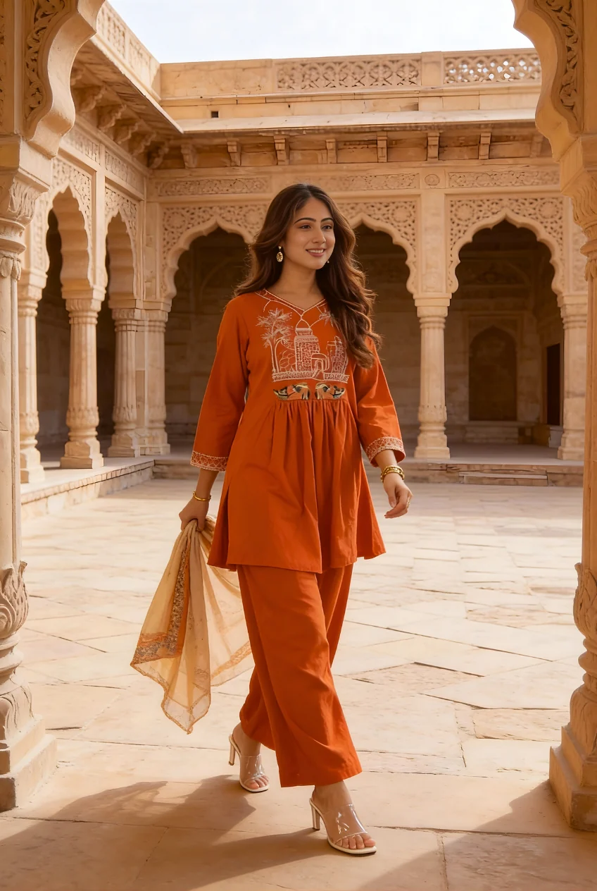 Rust Orange Embroidered Cotton Co-Ord Set - Image 3